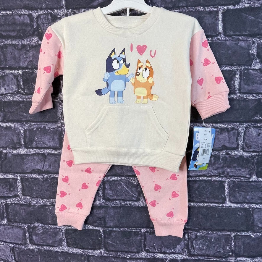 Bluey & Bingo 12 Months Pink Cream Hearts I LOVE YOU Valentine’s Day jogger set
