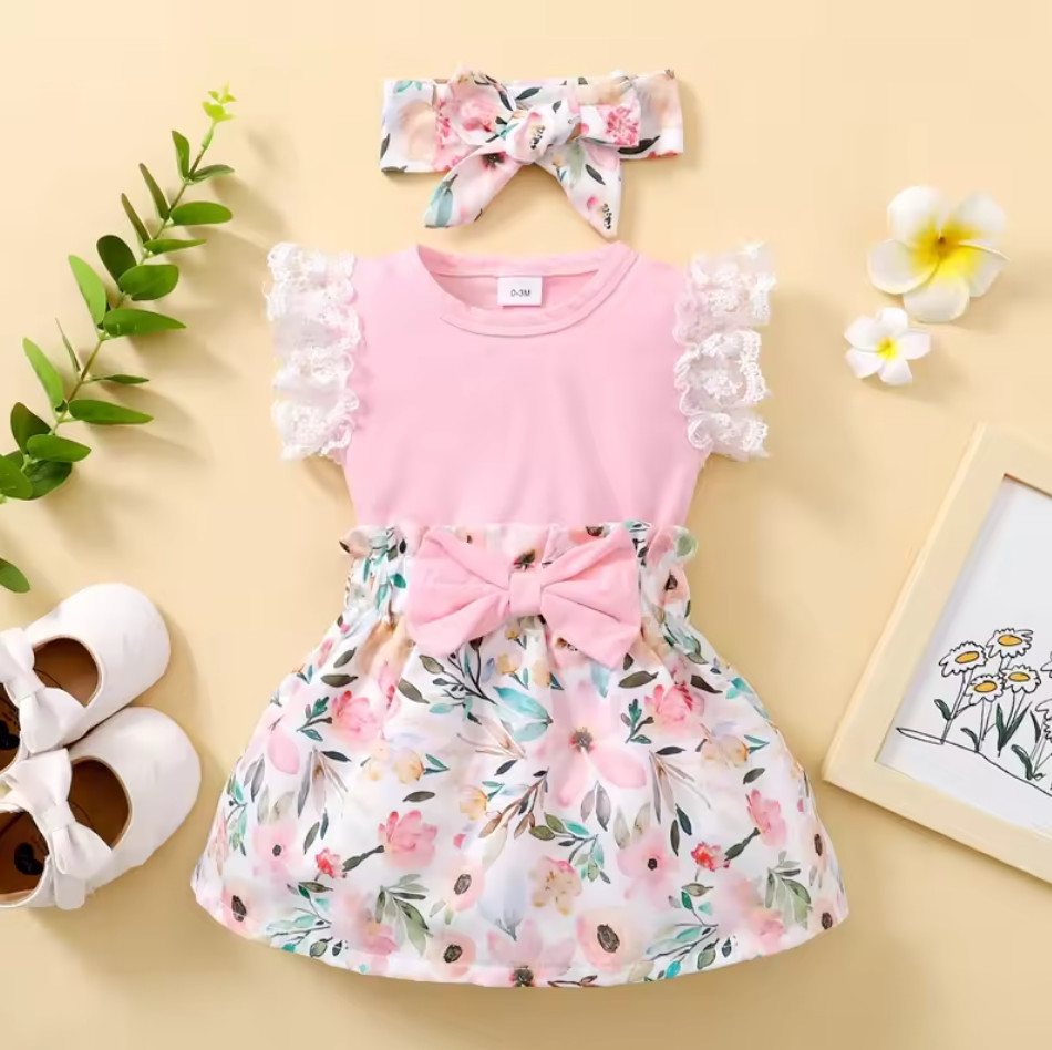 Pink Baby Girl Summer Daily Clothes Set Fly Sleeve Romper Top + Flowers Skirt