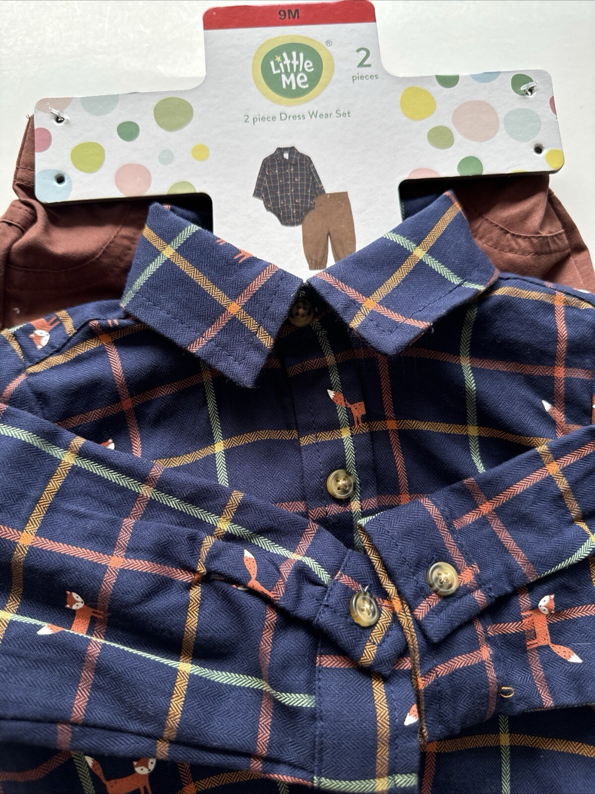 Little Me 2-piece Boy’s Dress Set 9 Months Foxes On Shirt With Brown Pants