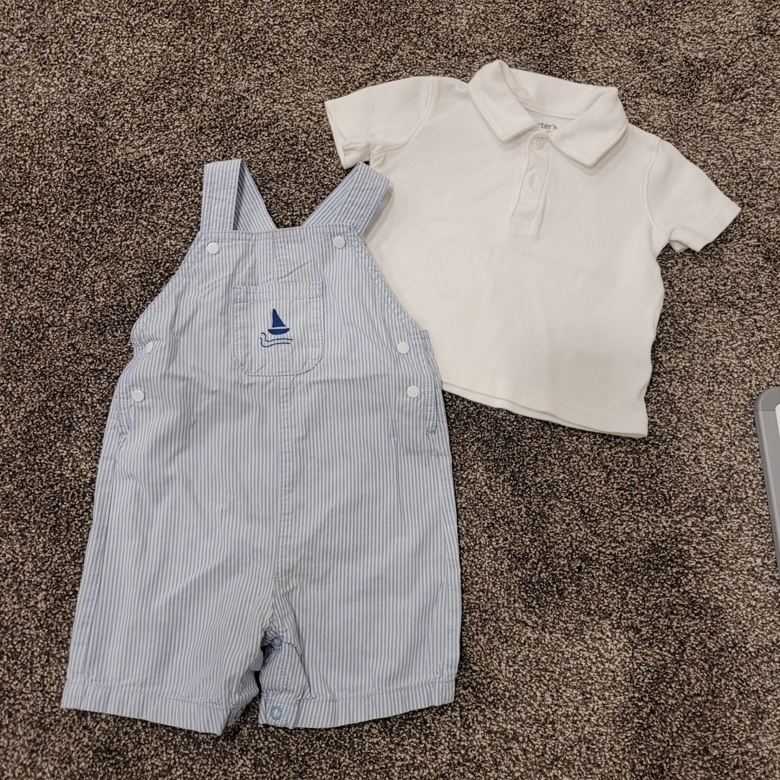 Carters Baby Boy 12m Blue White Stripe Overalls White Polo Shirt Nautical Set