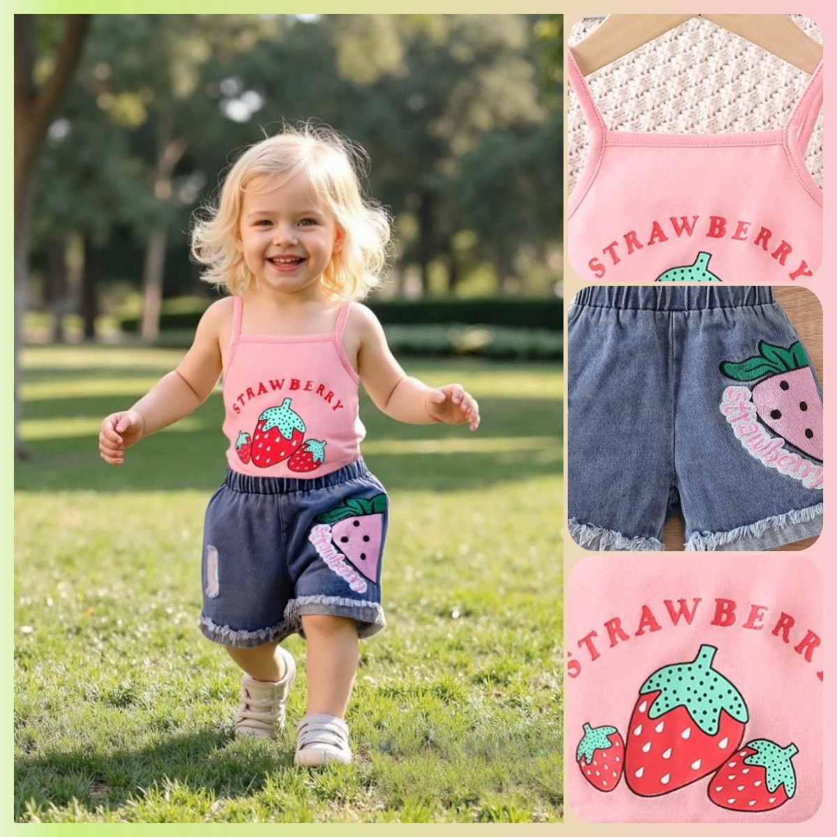 Baby Infant Girls Summer Outfit Spaghetti Strap Halter Ripped Denim Shorts 2PCS