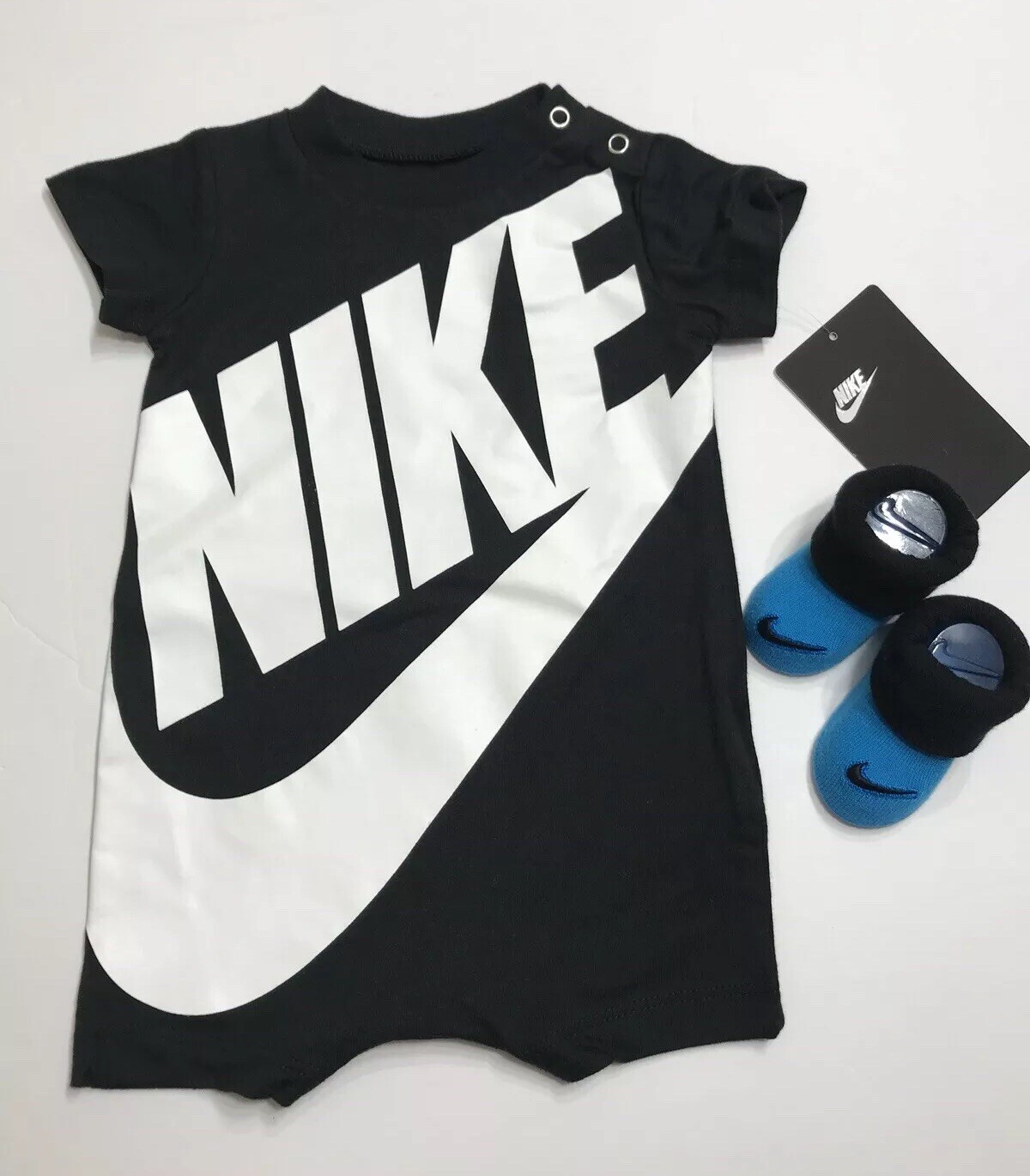 Nike Futura Infant Coverall One Piece Shorts Outfit & Booties Black 3M 6M