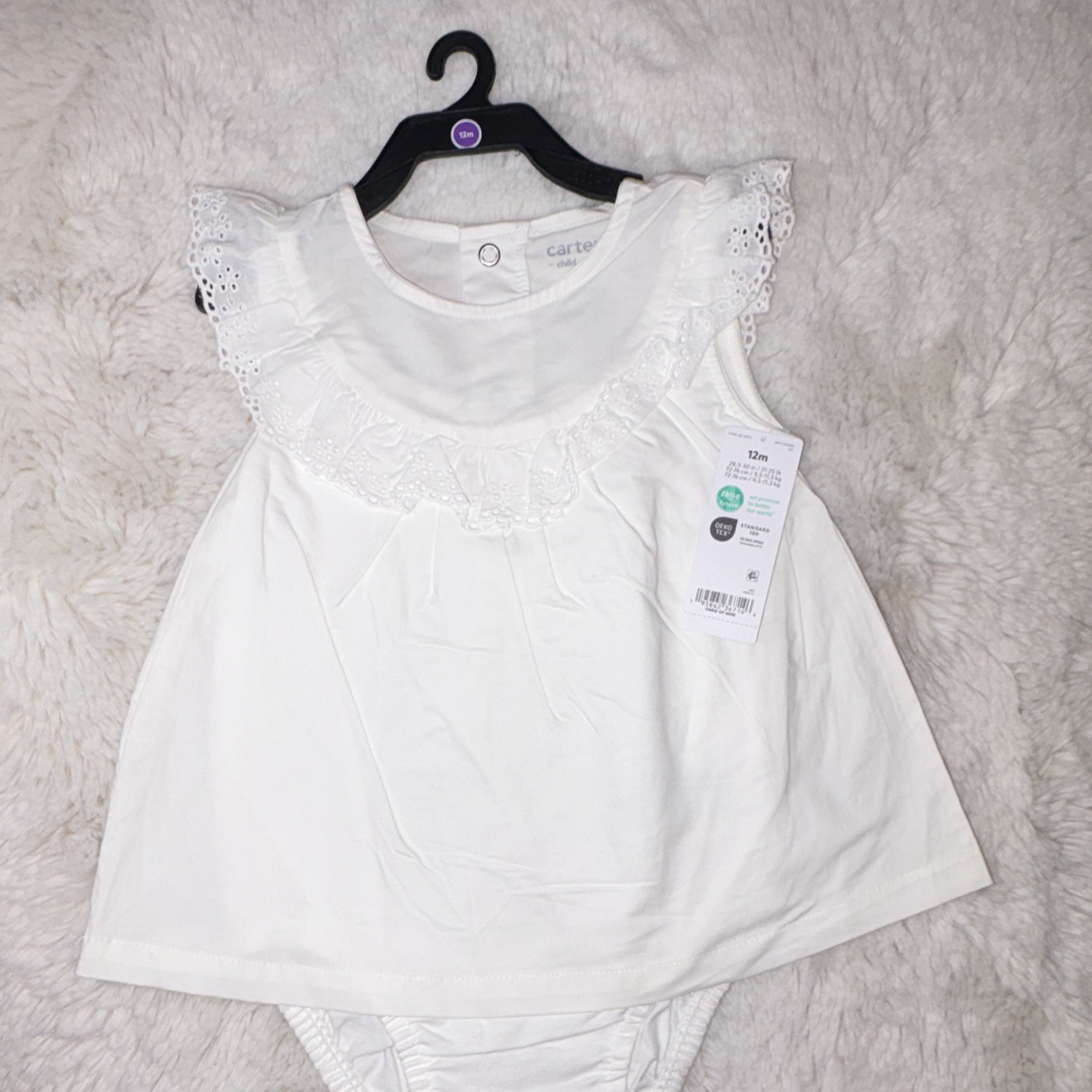 Carter’s Girls 12M White Eyelet Ruffle Sleeveless Dress Set Snap Closure