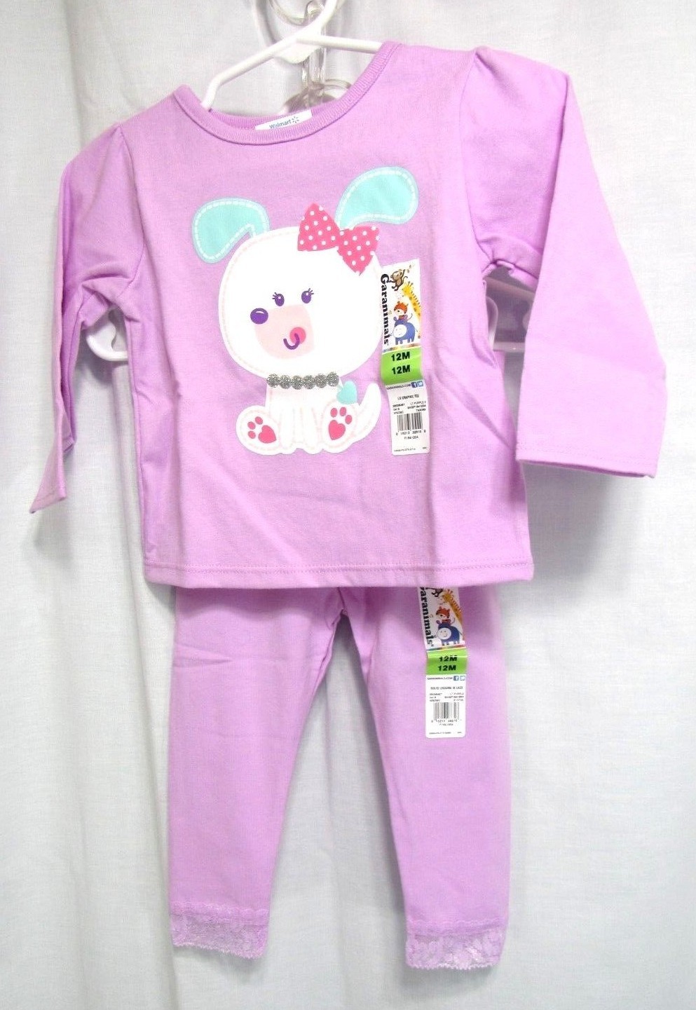 New Garanimals 2 Piece Top Pants Girls Size 12 Months Purple Dog Glitter Bow