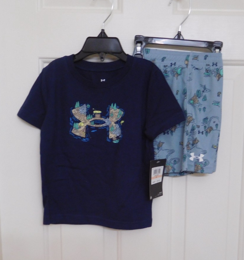 NWT 2pc Under Armour Navy Camping Logo Shirt & Print Shorts Set sz 2t