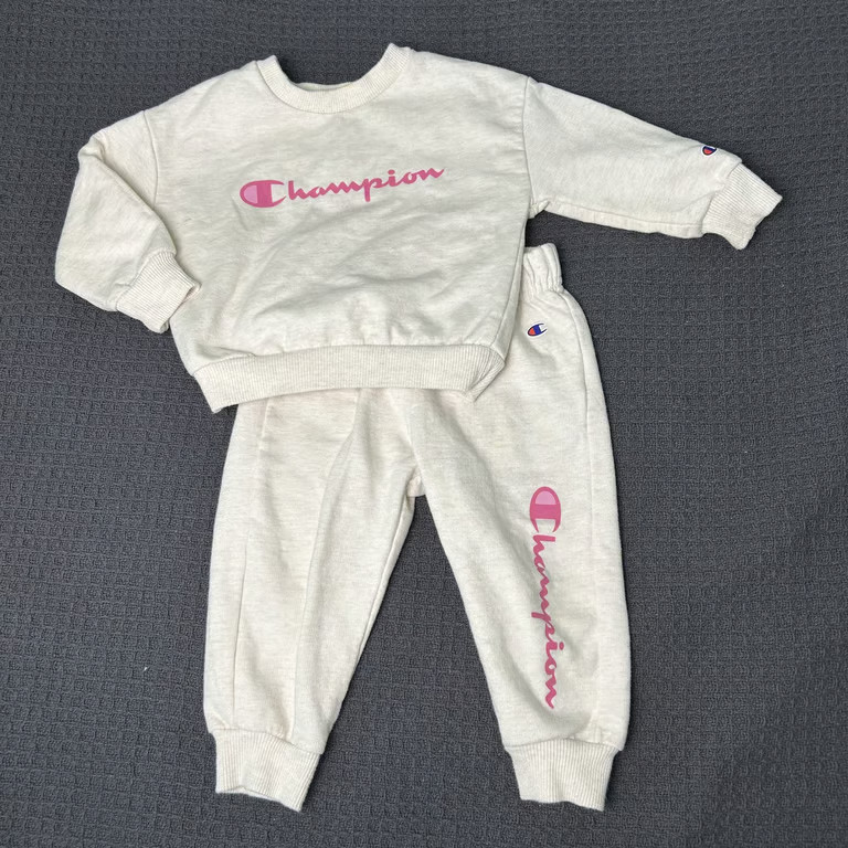 Champion Baby Girls Sweatsuit Set 12M Oatmeal Pink Script Logo Fleece Outfit