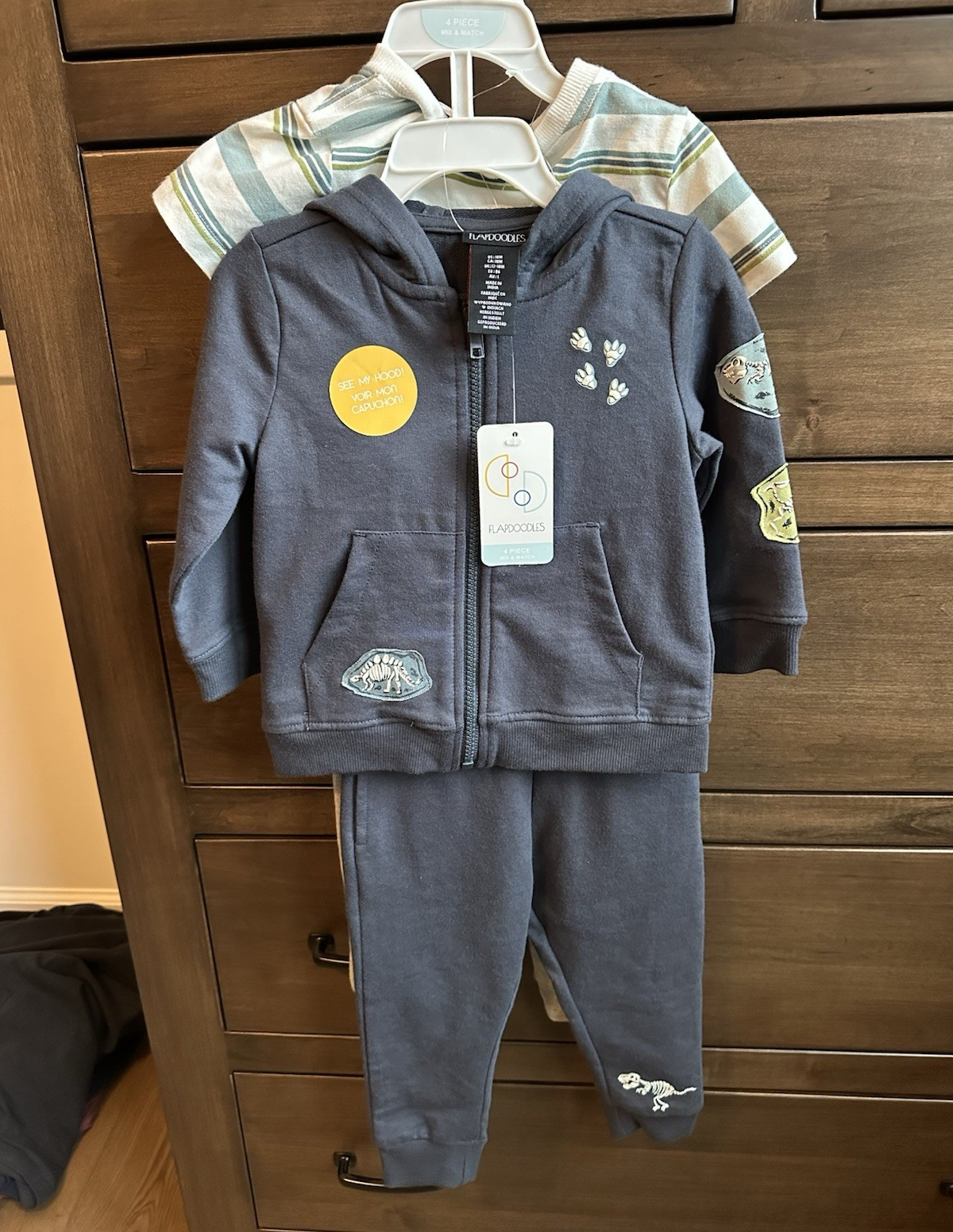 Flapdoodles Boys 18M Dinosaur 4-Piece Set Zip Hooded Hoodie Pants T-Shirt
