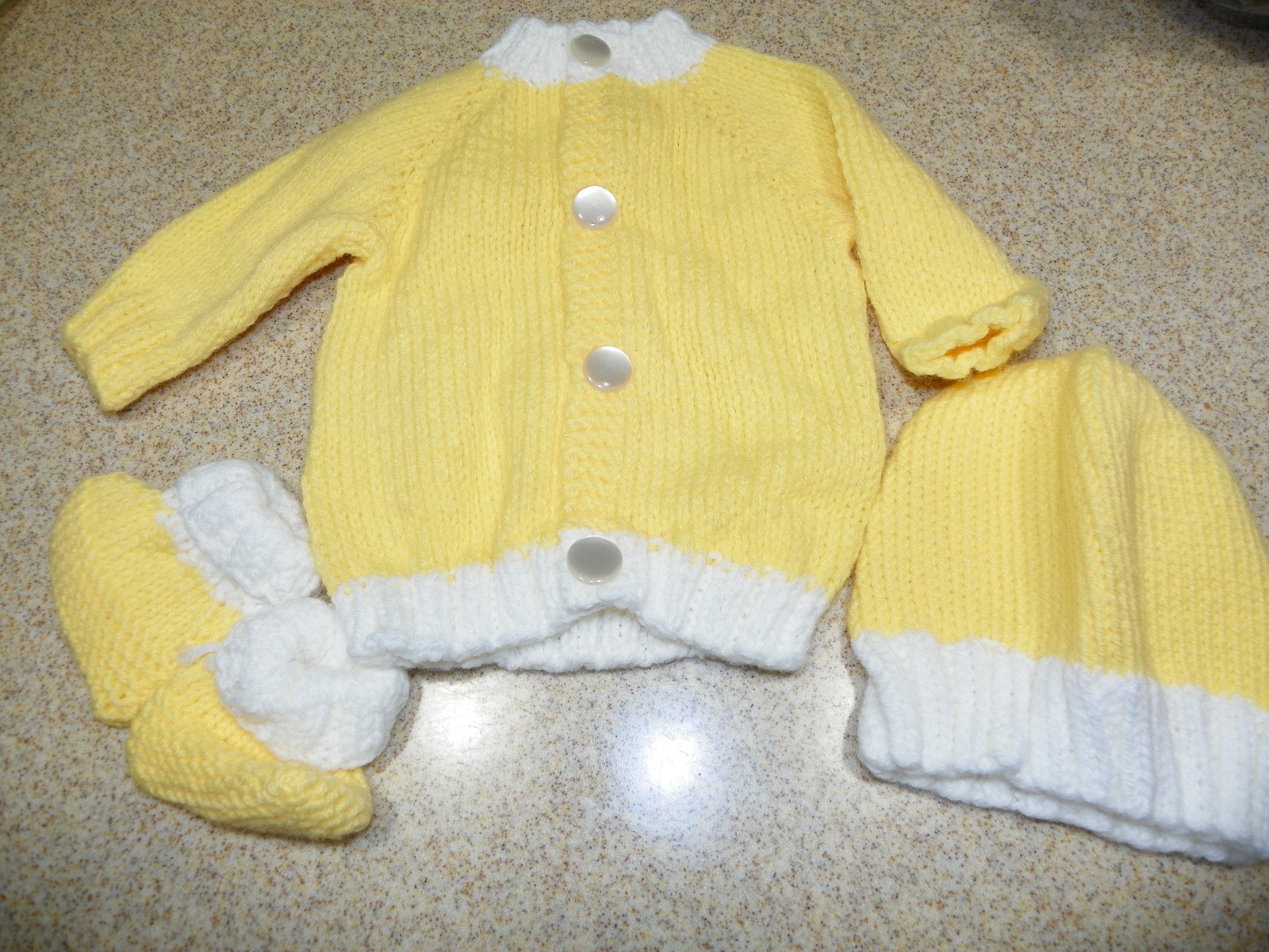 Handmade Knit White and Yellow Baby Sweater, Hat and Booties Set~Newborn~NEW