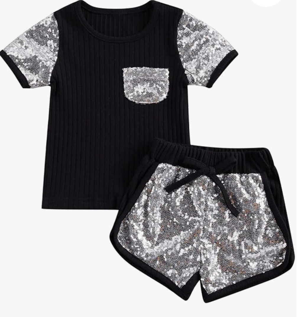 Toddler Baby Girls Short Sleeve Paillette Tops+Shorts Sports Outfits Black – 3T