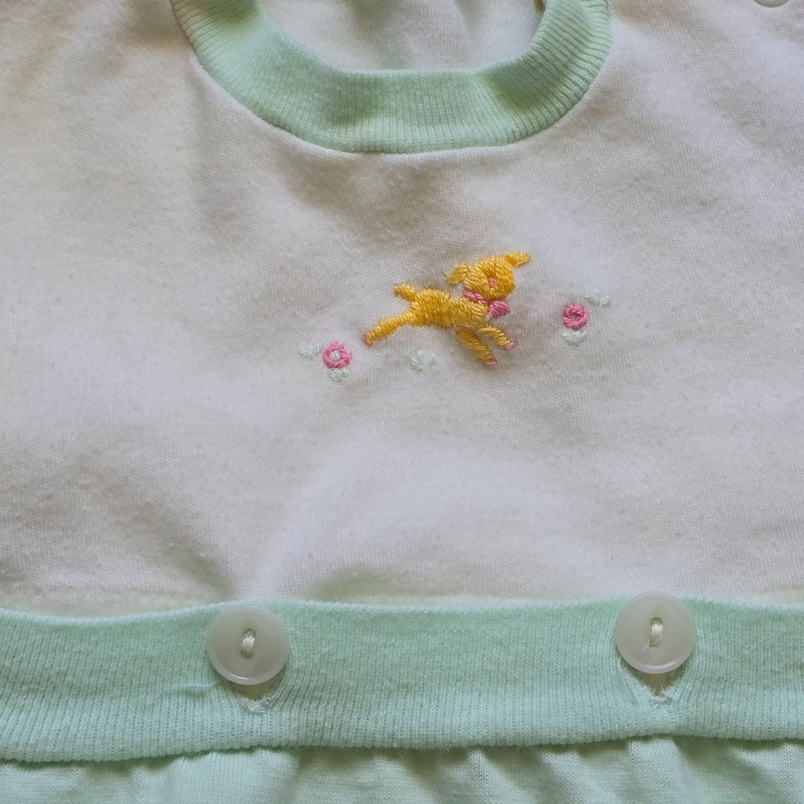 Vintage Baby Outfit Romper Small Beige Green Shirt Rubber Pants Embroidered Lamb