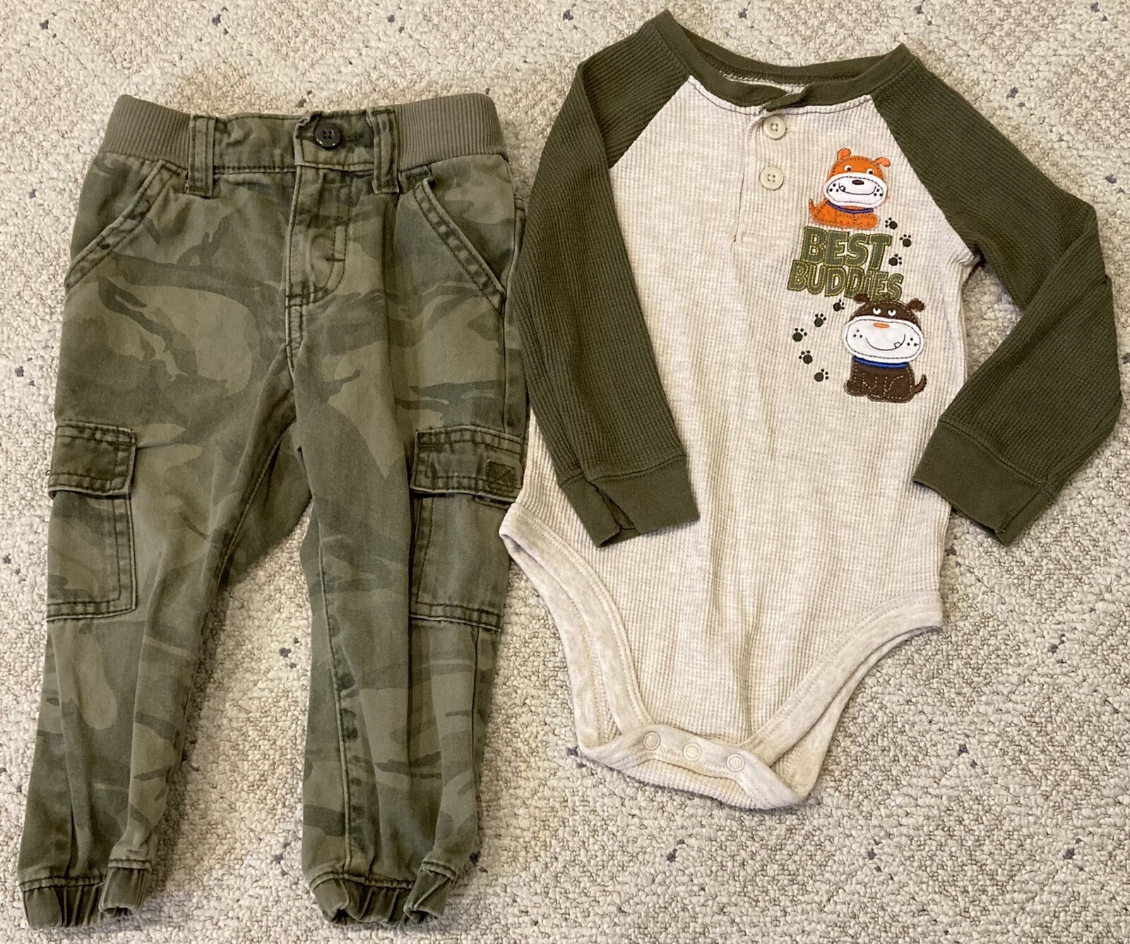 Toddler Green Camo WRANGLERS Pants + Puppy Dog One Piece Romper Baby Boy 2T EUC