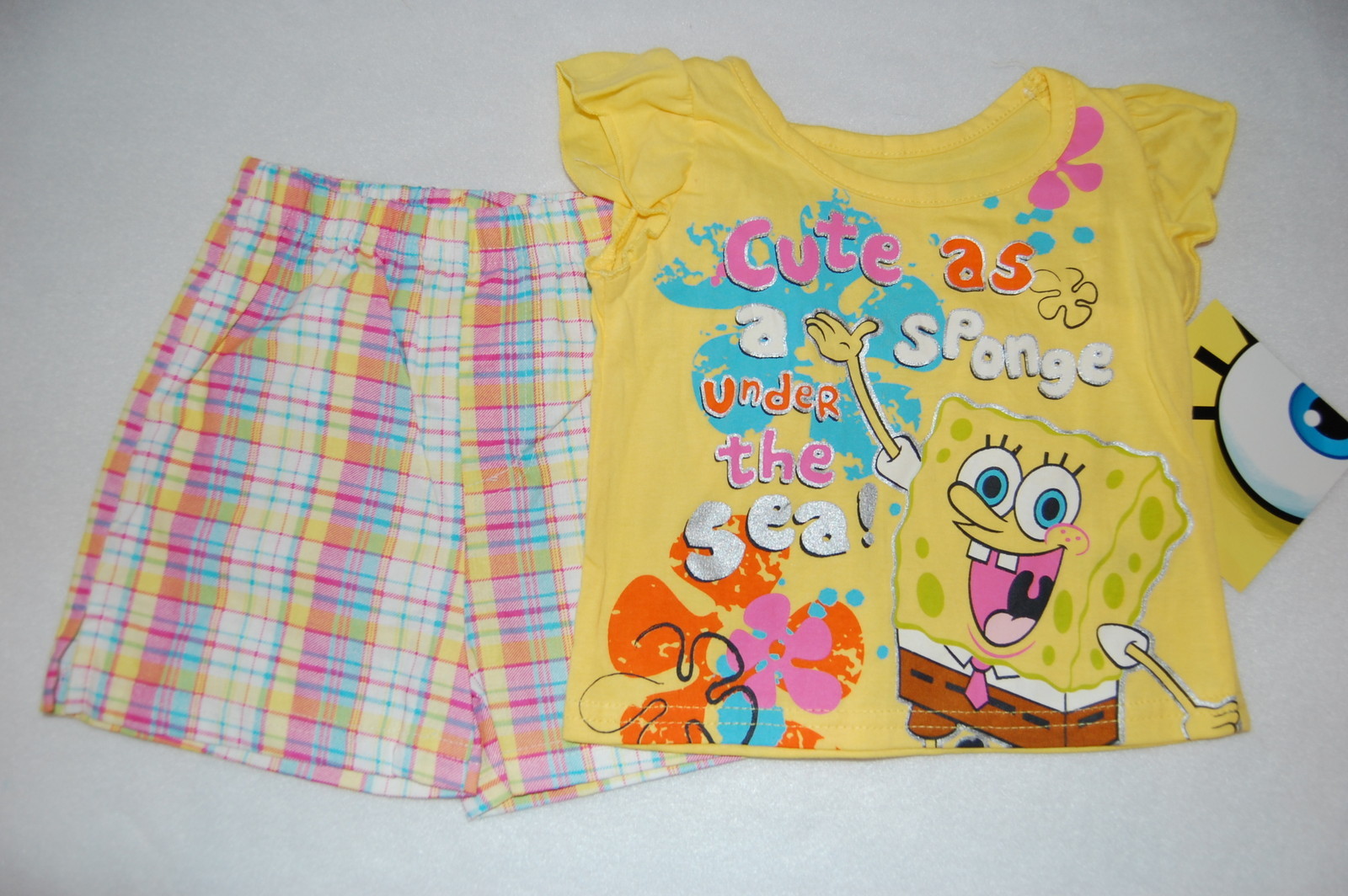 Toddler Girls Plaid Shorts & shirt SPONGE BOB Yellow 12 Mo 18 Mo