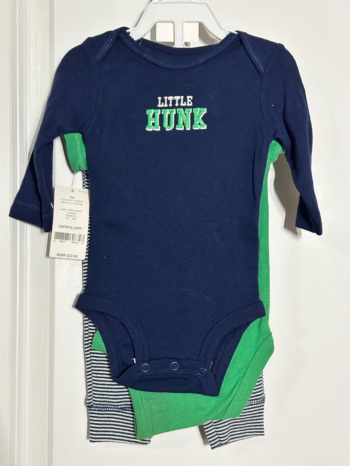 Carter’s Baby Boy 3pc Layette Set 3 Months NWT Little Hunk Navy Green Striped