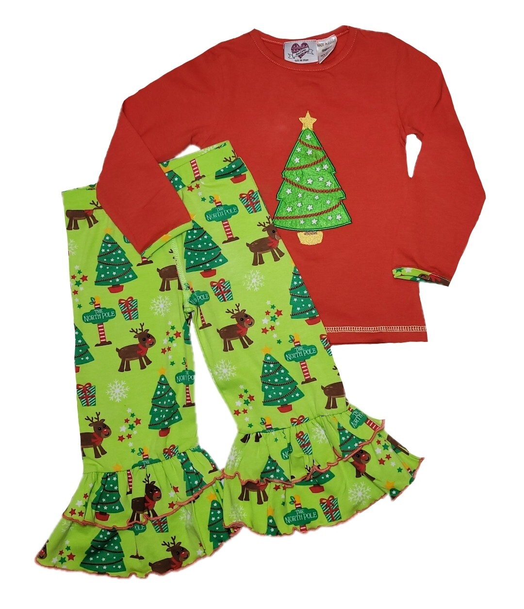 18-24 Month Red & Green Christmas Tree Reindeer Tunic & Ruffled Flare Pants
