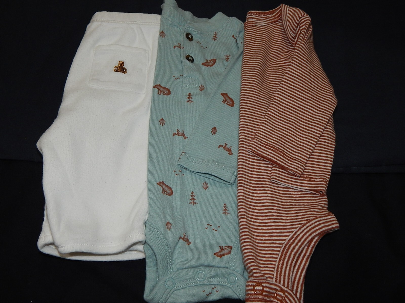 3 Piece Baby Boys 0-3 Months BEAR FOX Henley One Pieces and Pants Bundle