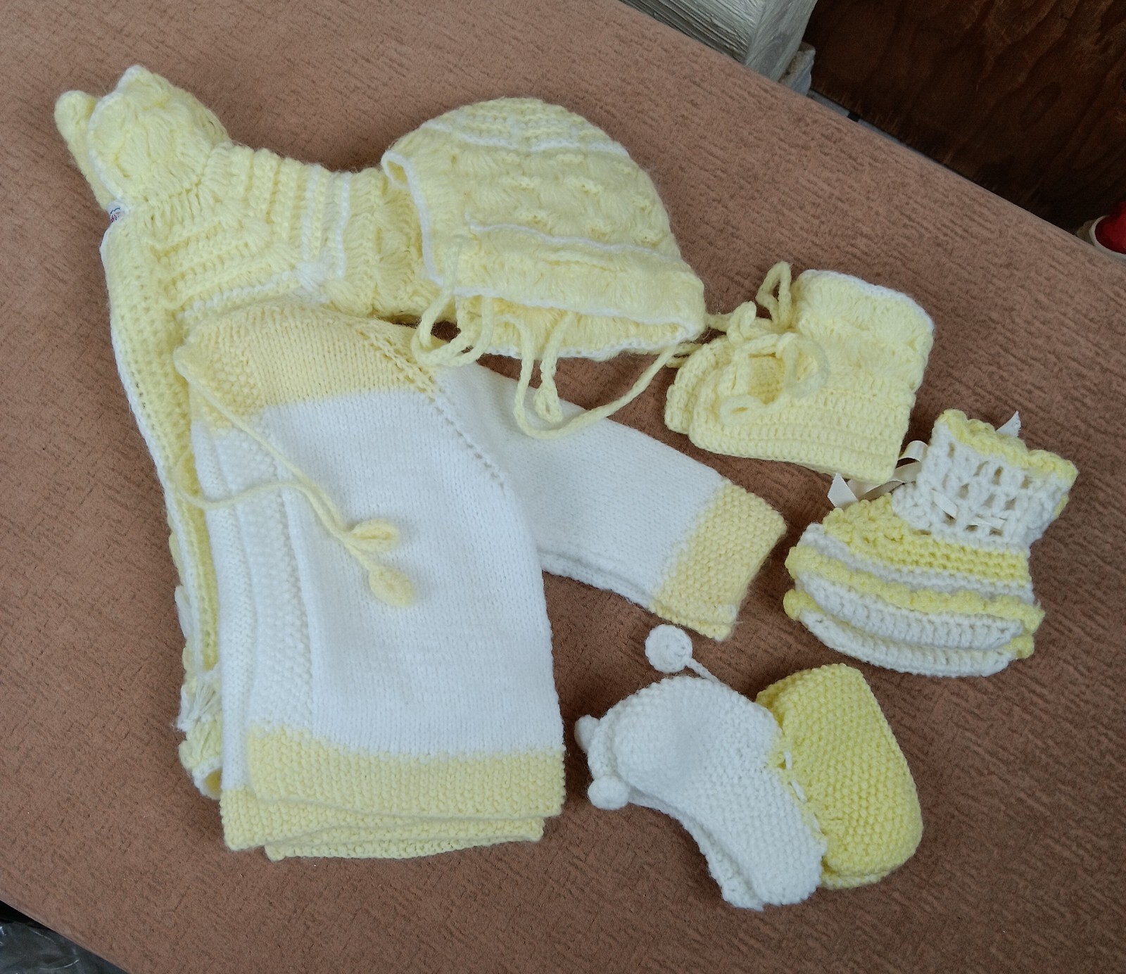 Lot of Lemon Yellow and White Hand Knit Crochet Set Sweater Booties and Hat Set