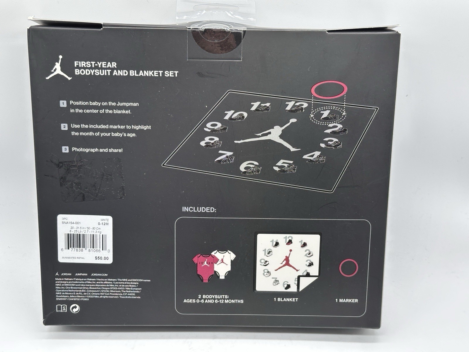 NEW 4 PIECE SET NIKE JORDAN FIRST YEAR BLANKET BODYSUIT & MARKER MSRP $50