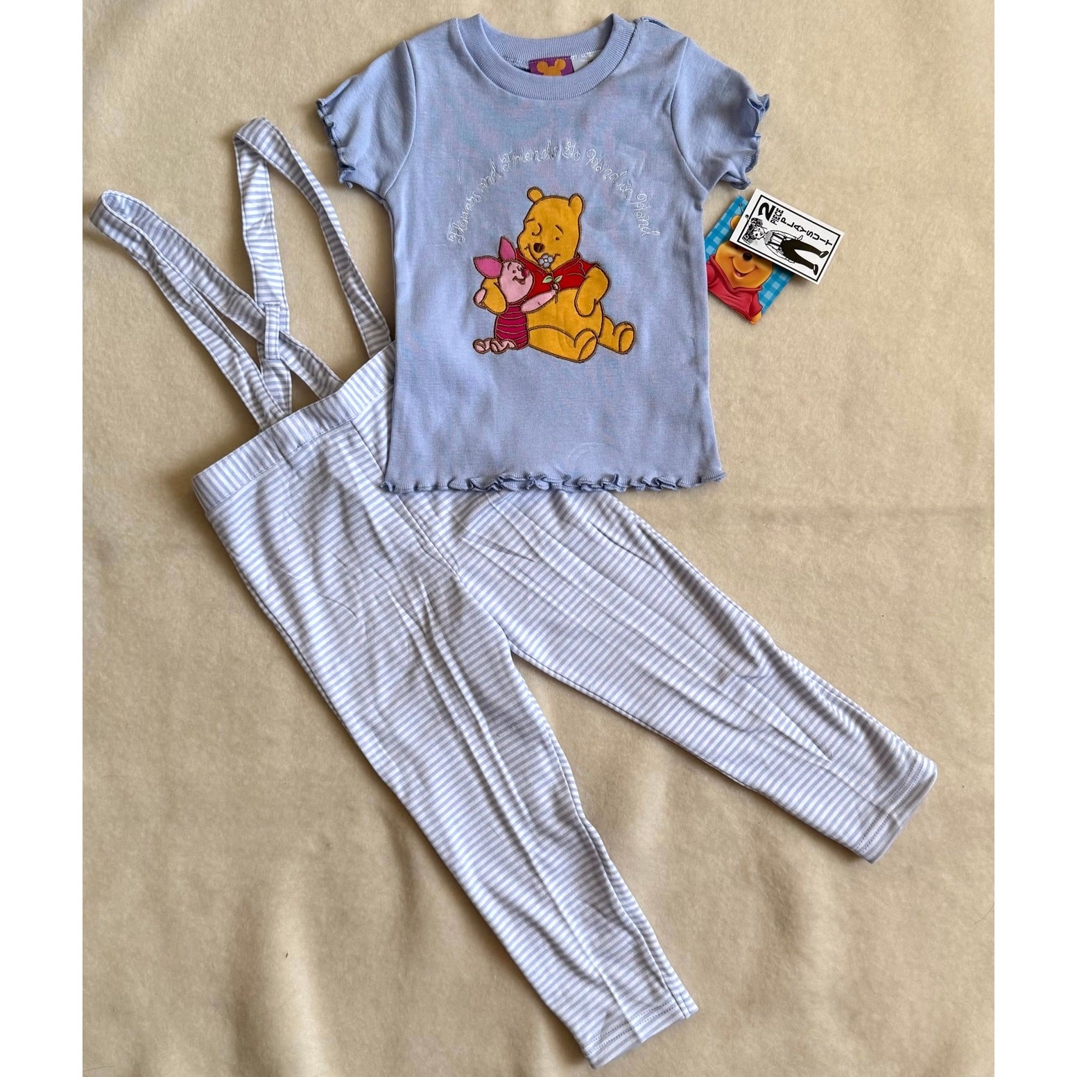 Vintage 90s Disney Winnie the Pooh Overalls Set Girl Size 3T Blue Striped Piglet