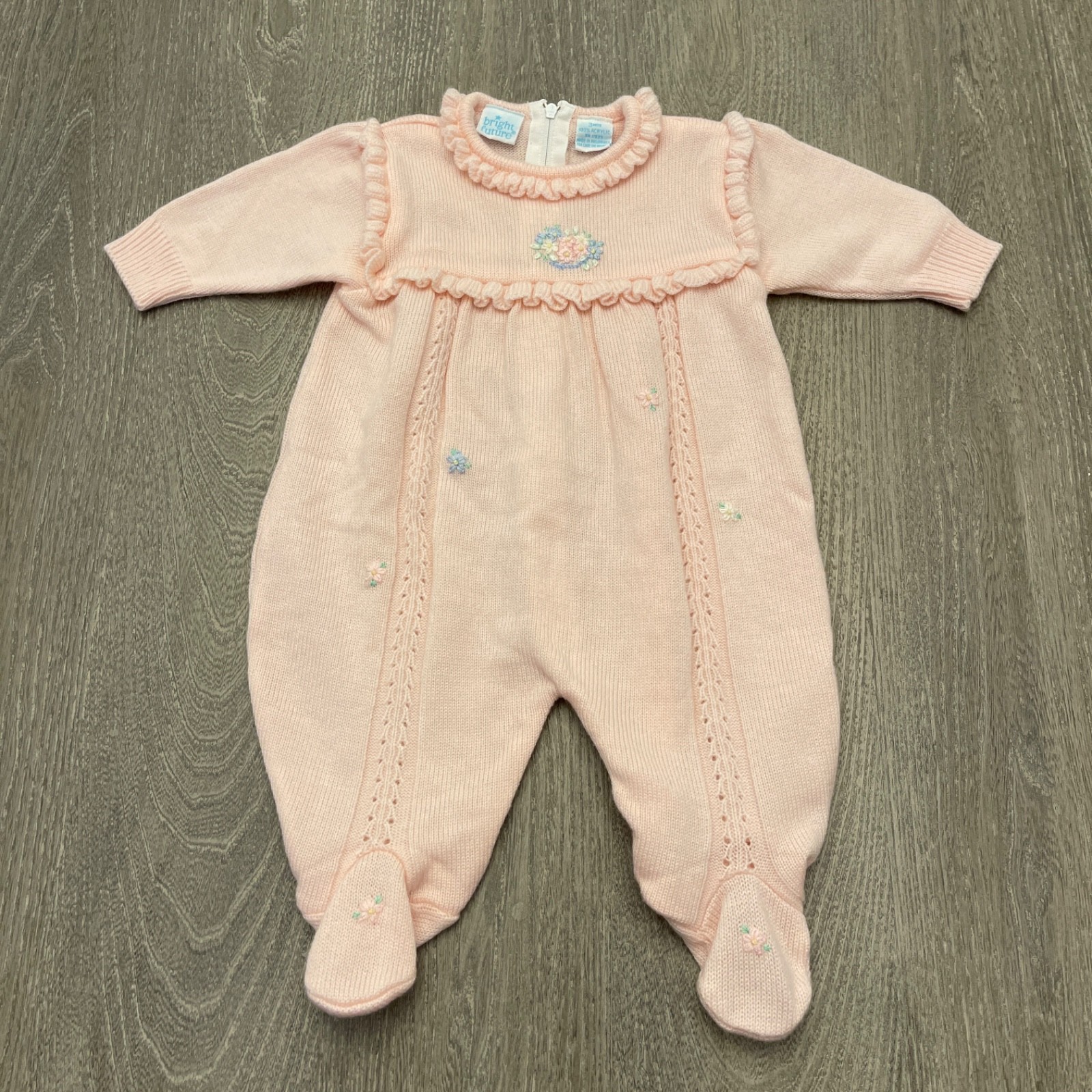 Vtg Baby Girl Bright Future Footed Outfit 3 Mos Knitted Pink Floral Embroidery