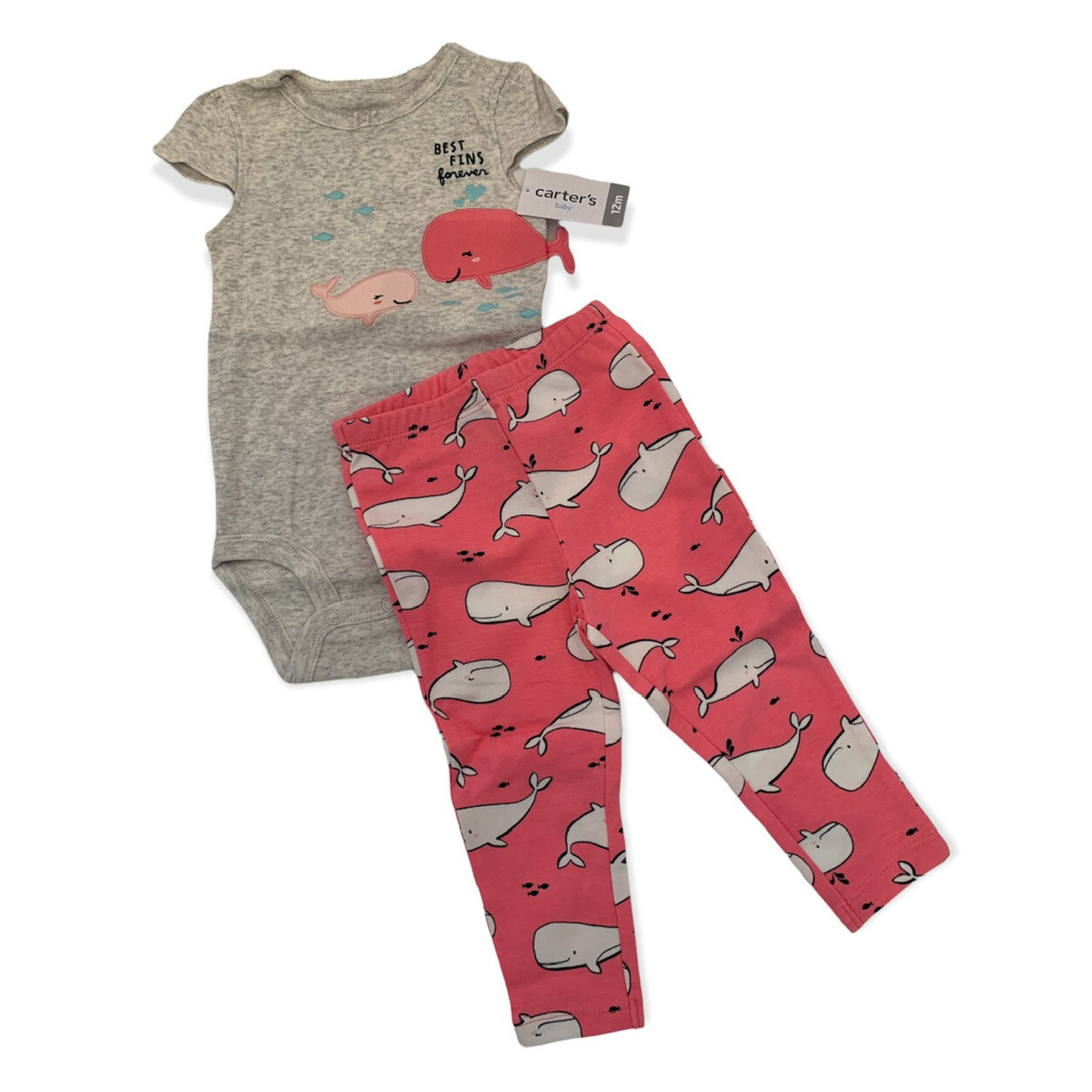 12 Months Carters 2 Piece Set Girls One Piece & Leggings Pink Whale “Best Fins”