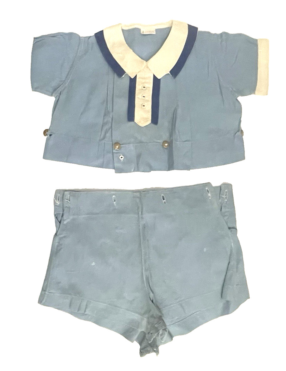 NANNETTE Boys TODDLER Sailor Suit Outfit Nautical Shorts Set LIGHT BLUE 2 Pc Vtg