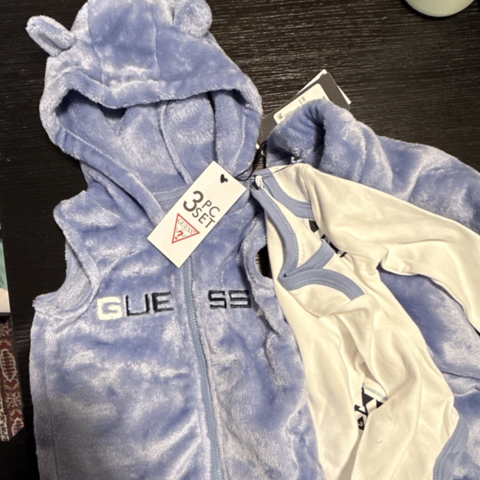 GUESS 3 Piece Lilac Blue White Hooded Vest Bodysuit Pants Set 6/9M