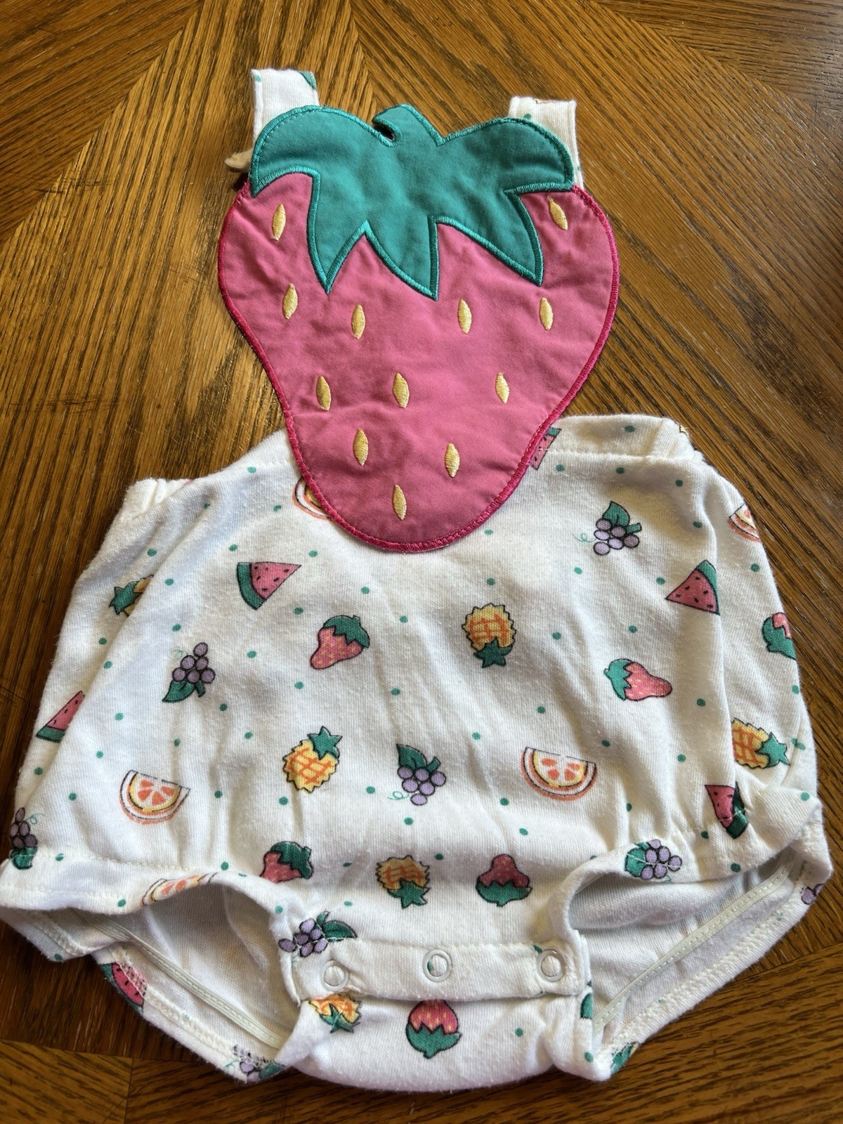 Vintage Fisher-Price Kidswear 6 Months Fruit-Print Romper w Strawberry Bib
