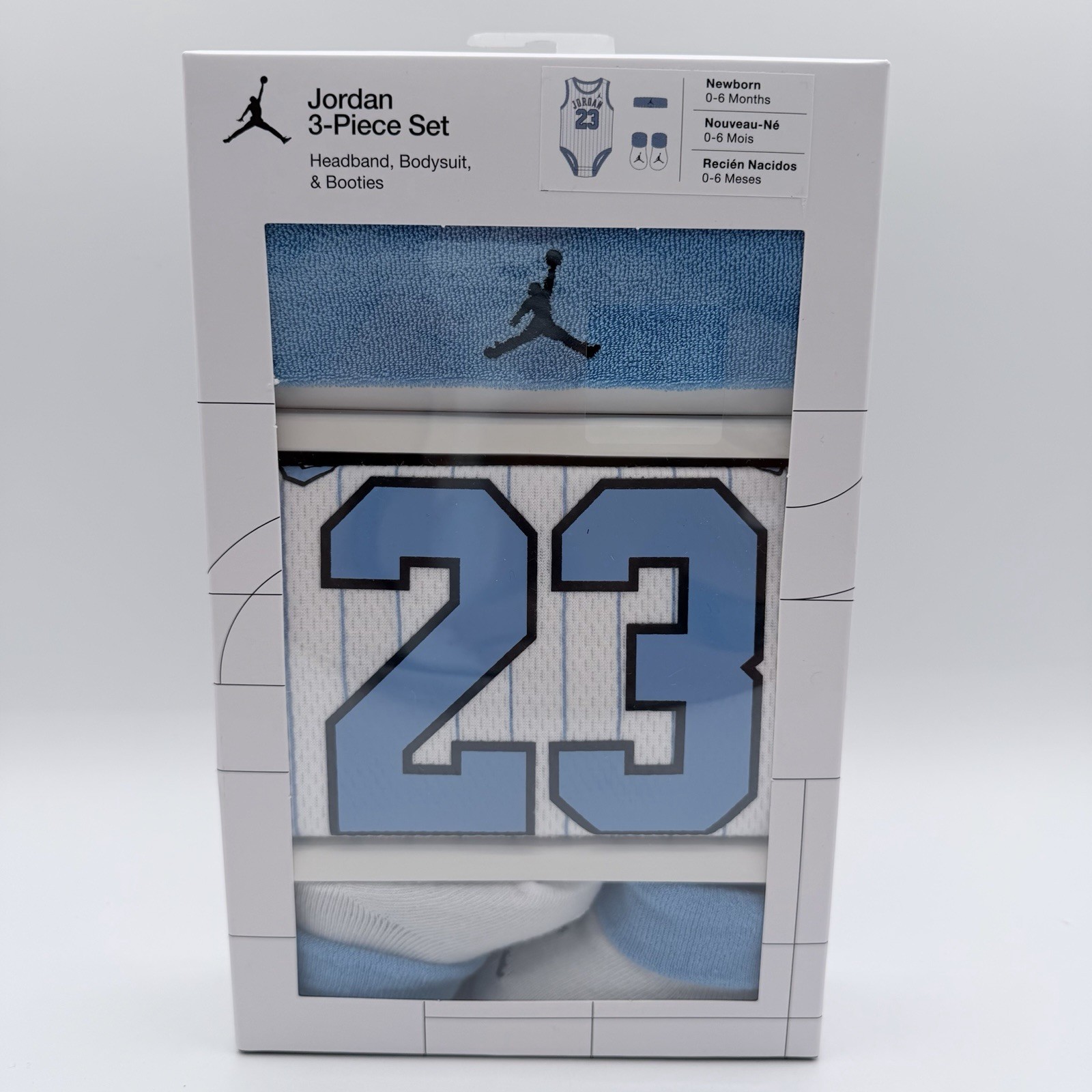 Jordan Baby 3Pc Outfit Set Headband Bodysuit Booties 0-6M Jersey White Blue NIB