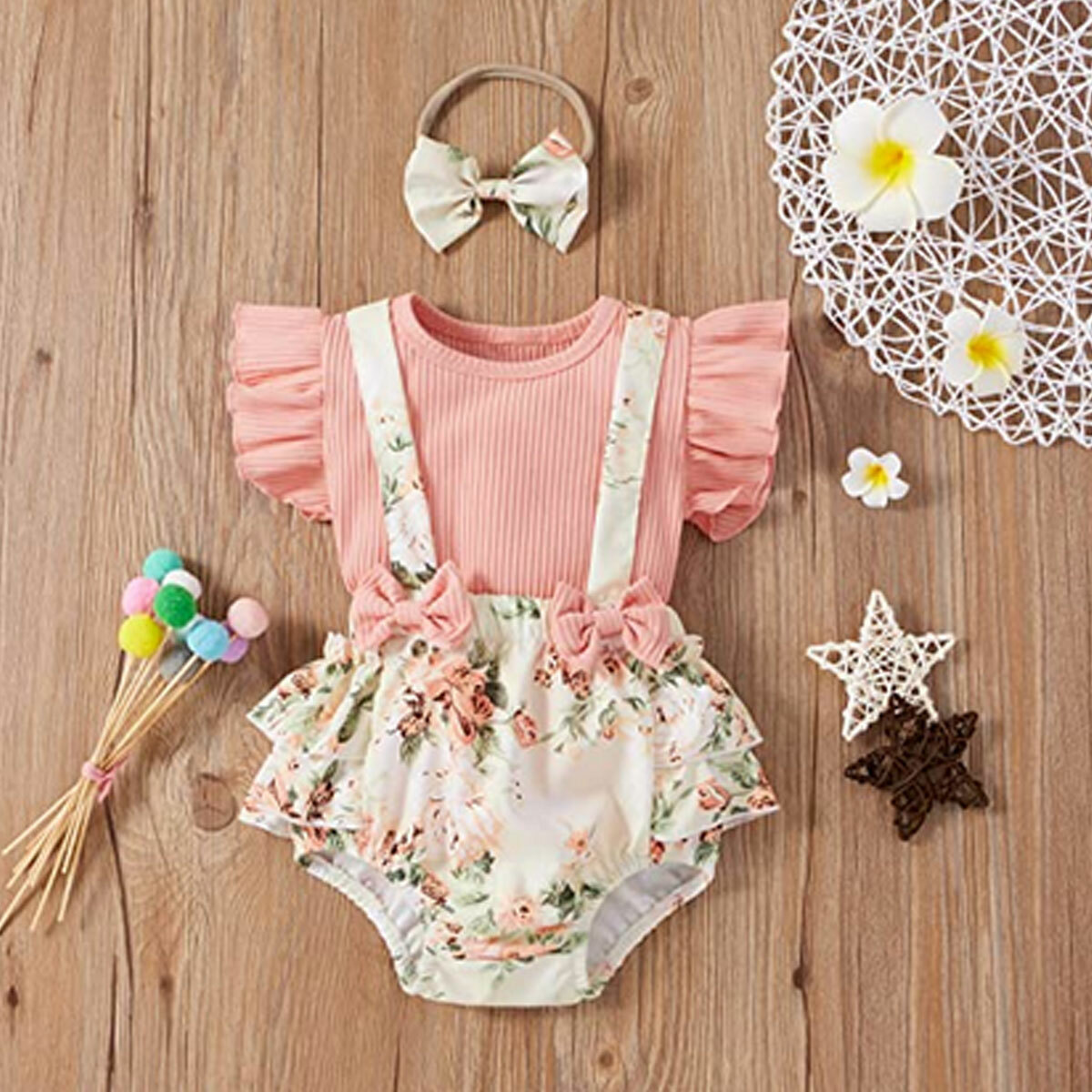 Baby Girl Summer Clothes Set Ruffle Flying Romper Floral Shorts Headband 3PC Set