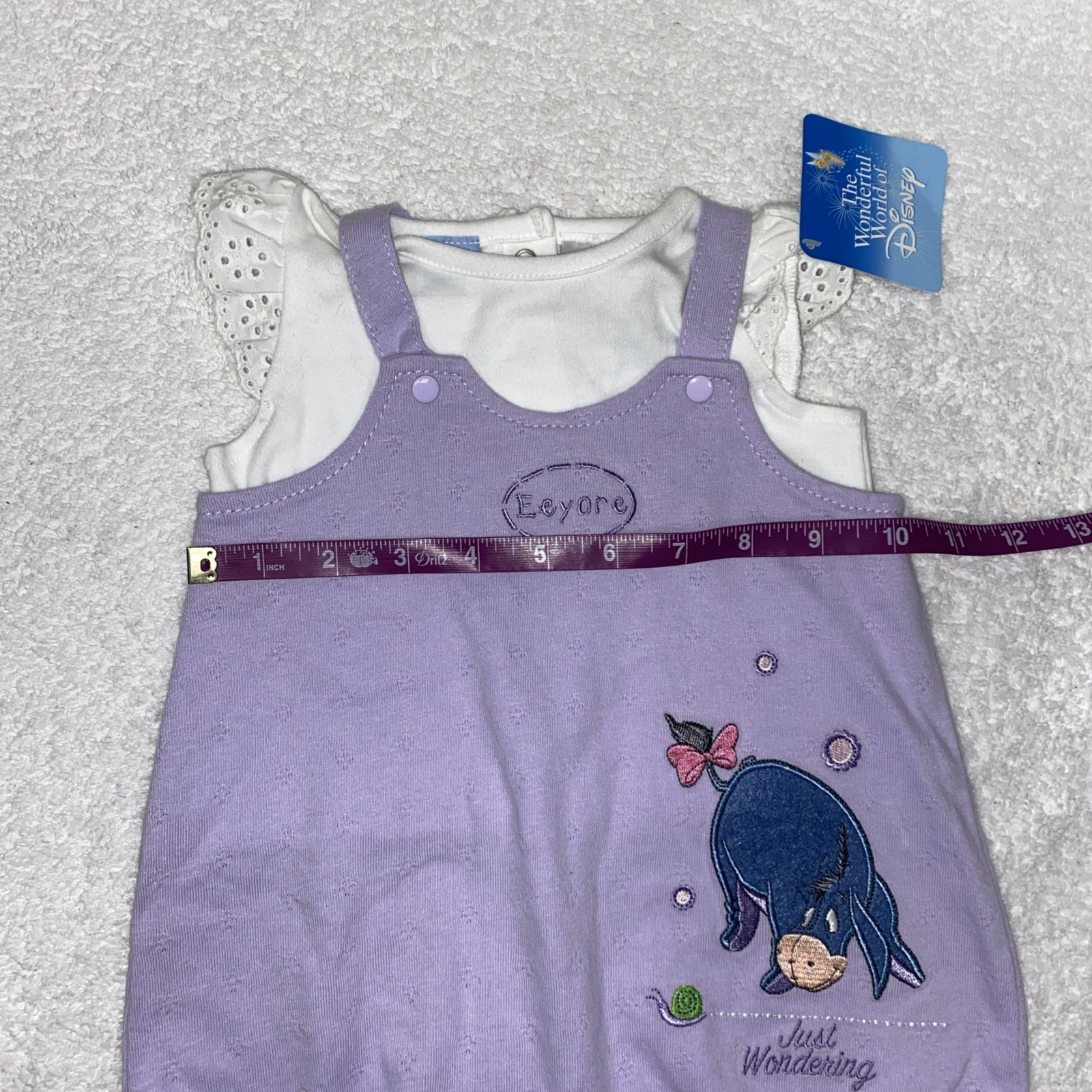 Disney Winnie the Pooh Eeyore Pastel Purple Snail Baby Overalls 0/3m Vtg NWT