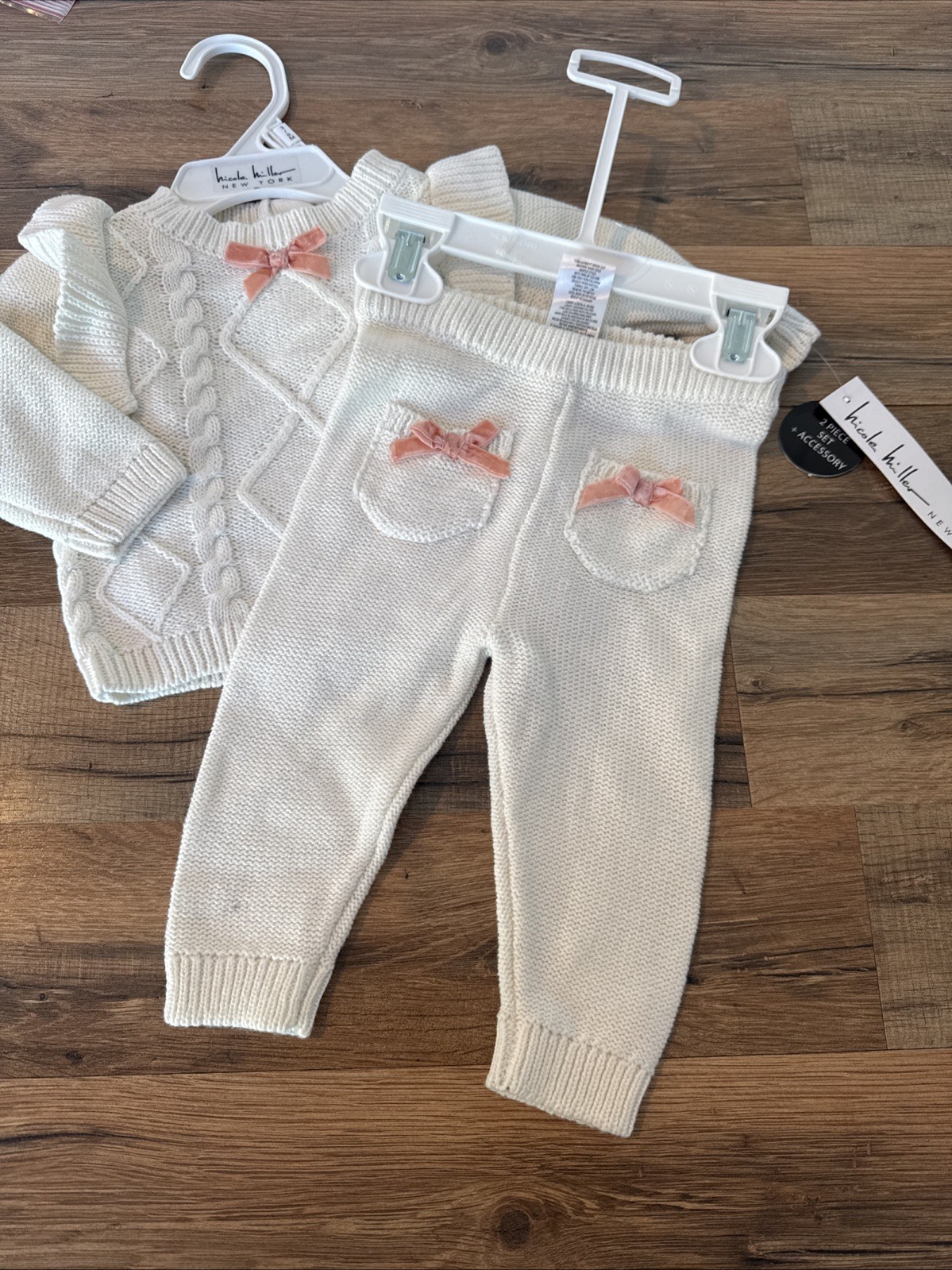 Nicole Miller Baby Girl Sweater Set Beige Pink Bow On Back 3 6 Months NWT Ruffle