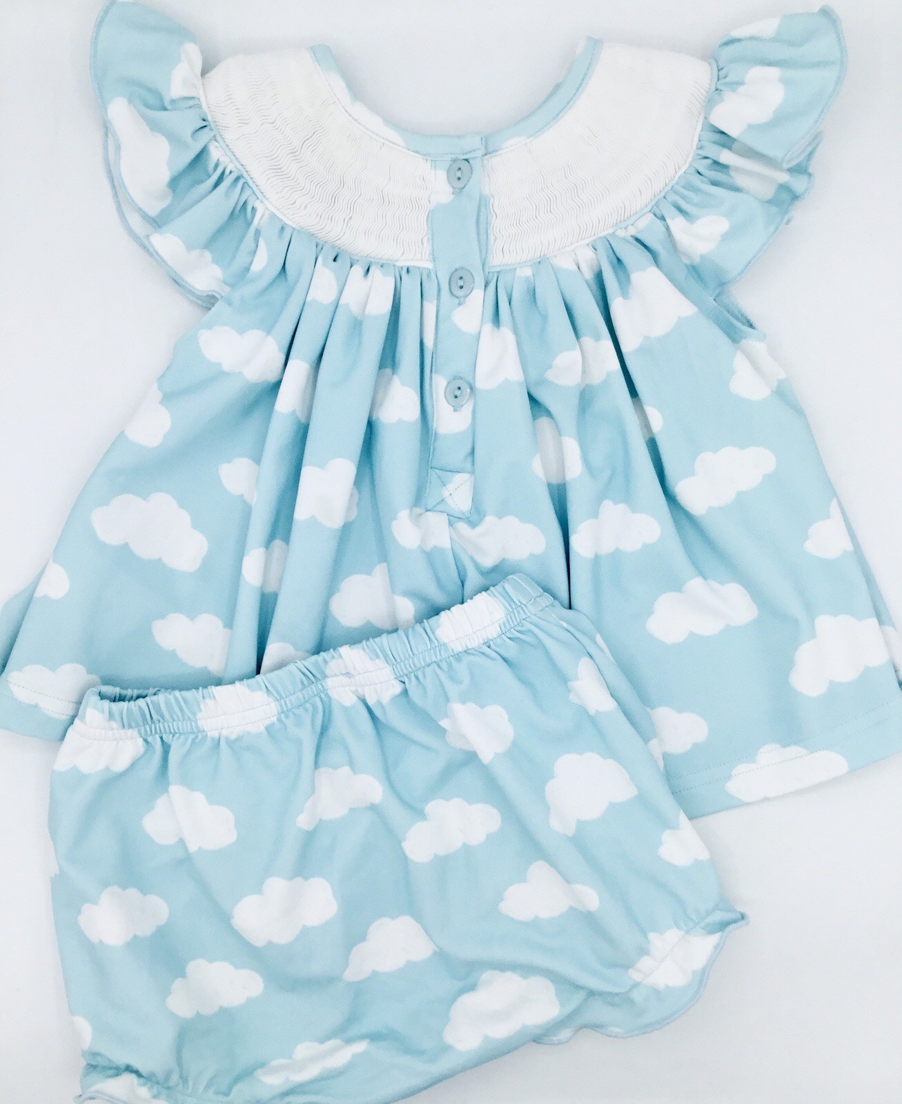 Smocked Cowboy and Friends Cloud Bishop Dress/Bloomer Set, Sz 12M