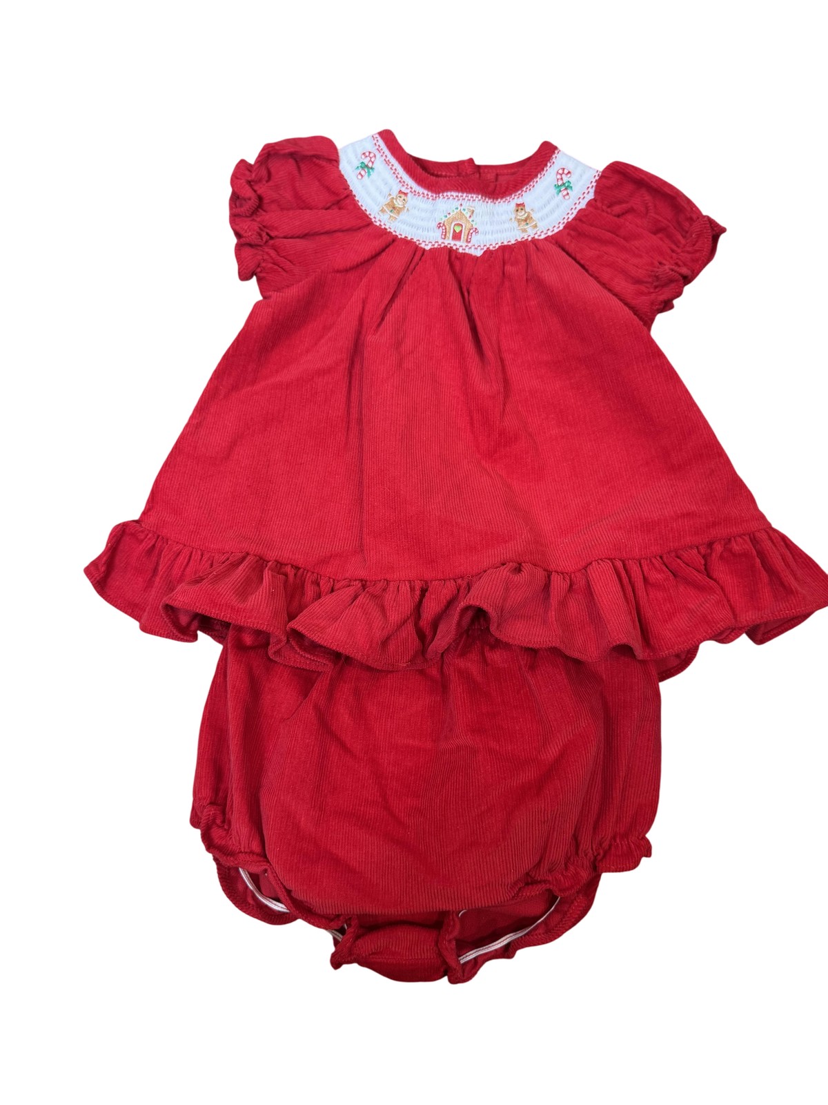 Goodlad Dress Bloomer Set Infant Girls 9M Red Corduroy Smocked Gingerbread Xmas
