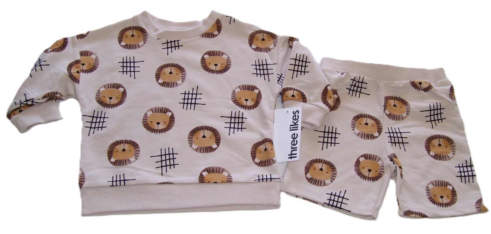 Boys Three Likes 2 Pc Beige Jersey Knit LS Lion Shirt Shorts Outfit 12M