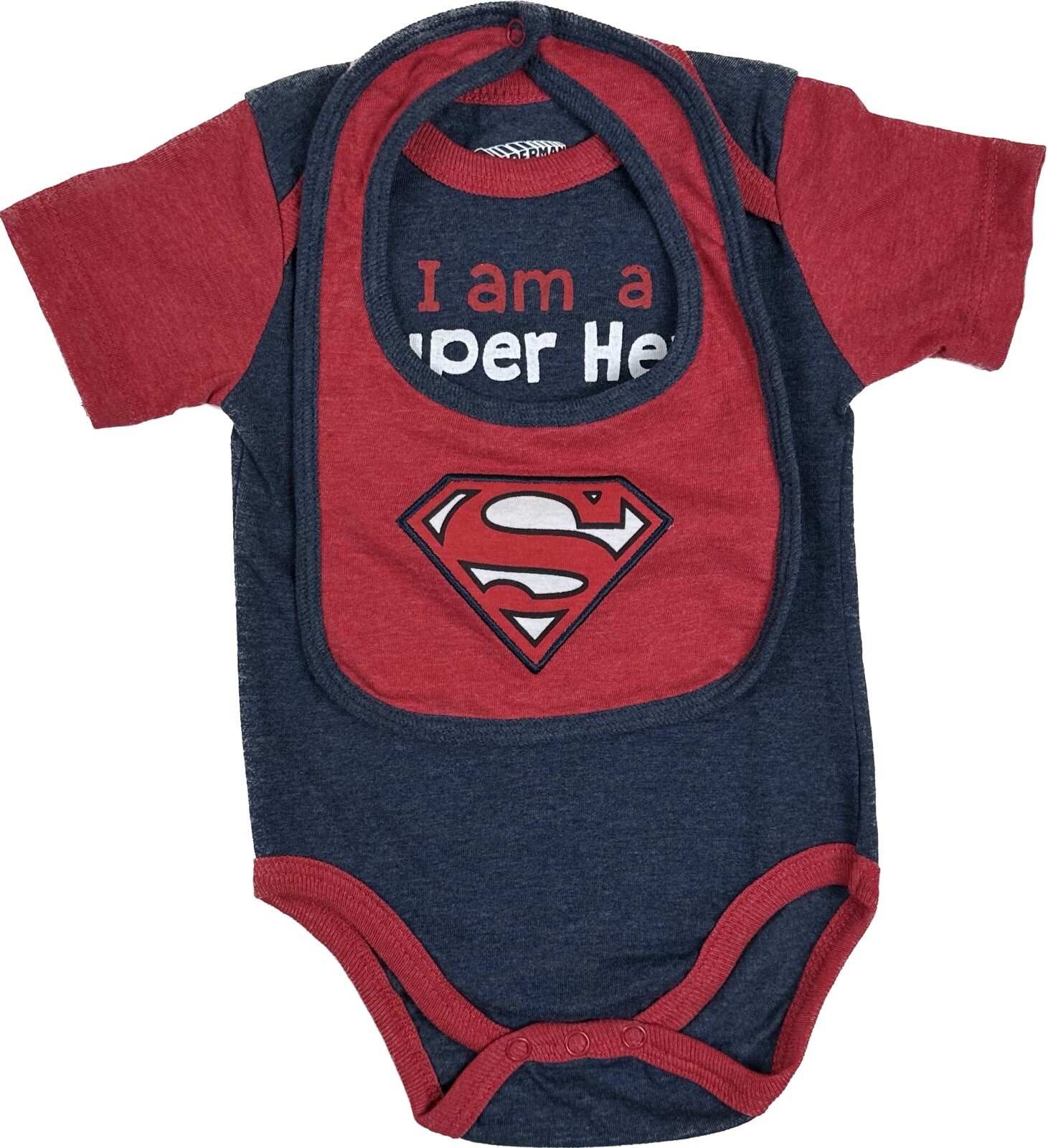 DC Comics Baby Red Blue Short Sleeve Cotton Superman Hero Bodysuit Bib Set 0-3 M