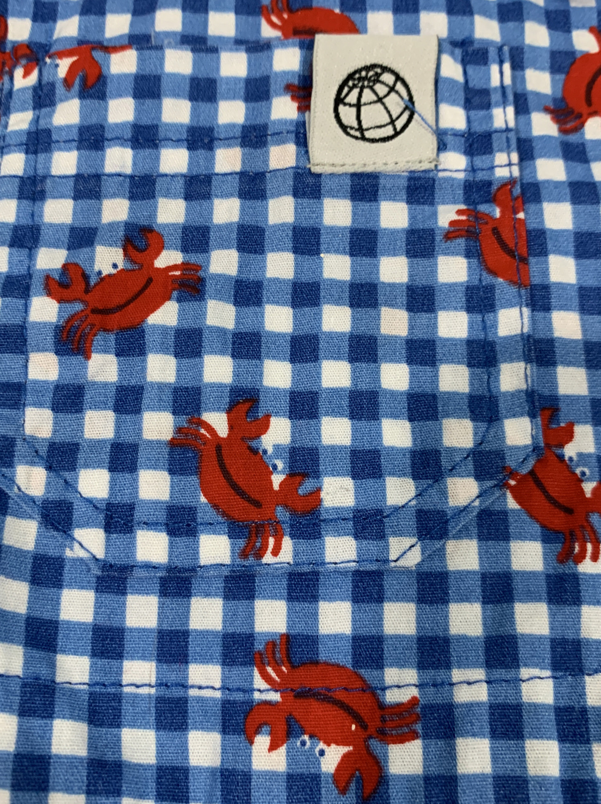 Free Planet Size 6-9 months Boys Shortall Romper Blue White Checks Red Crabs