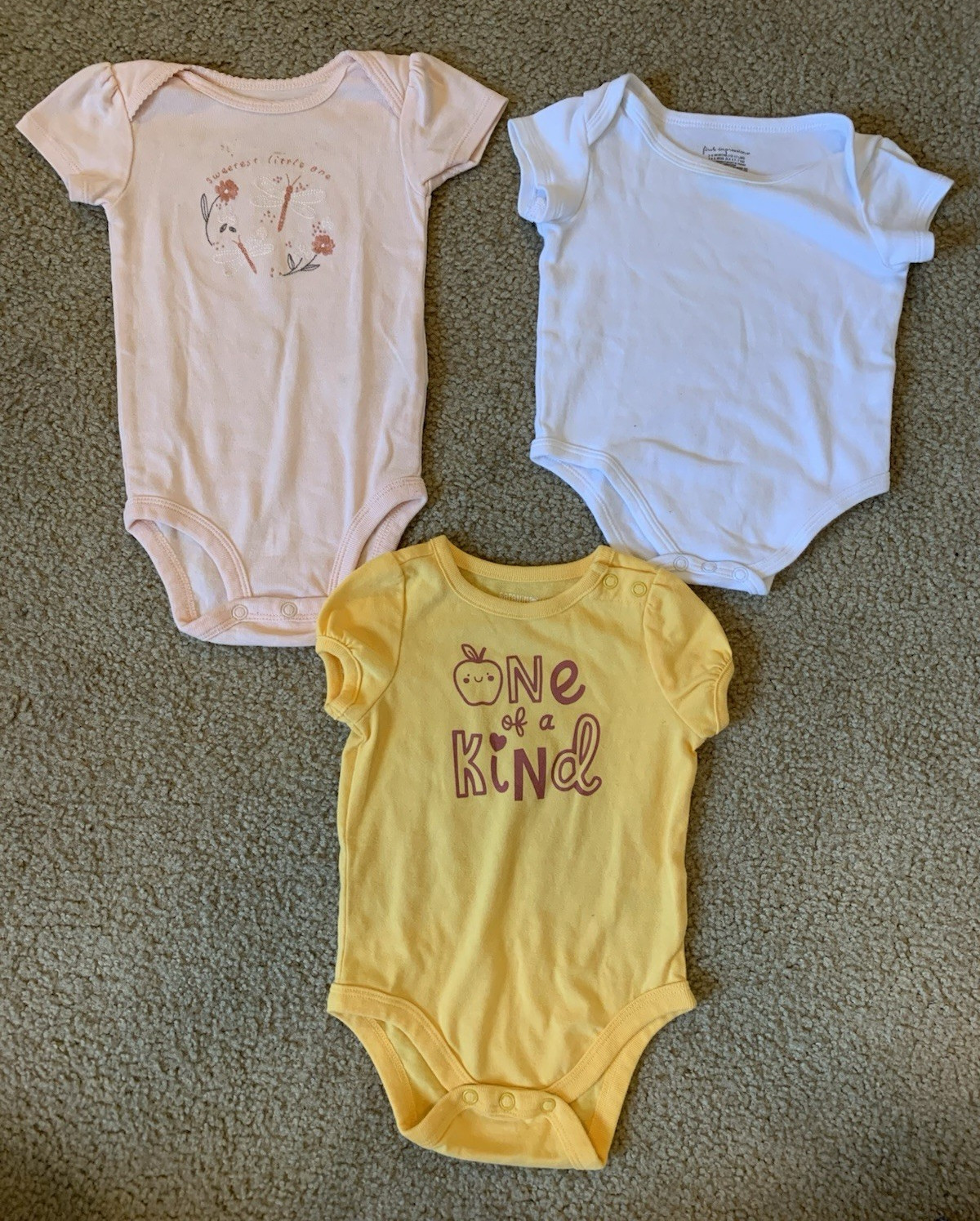 3pc Cotton 3-6MShort Sleeve Bodysuits Set Pink/White/Yellow