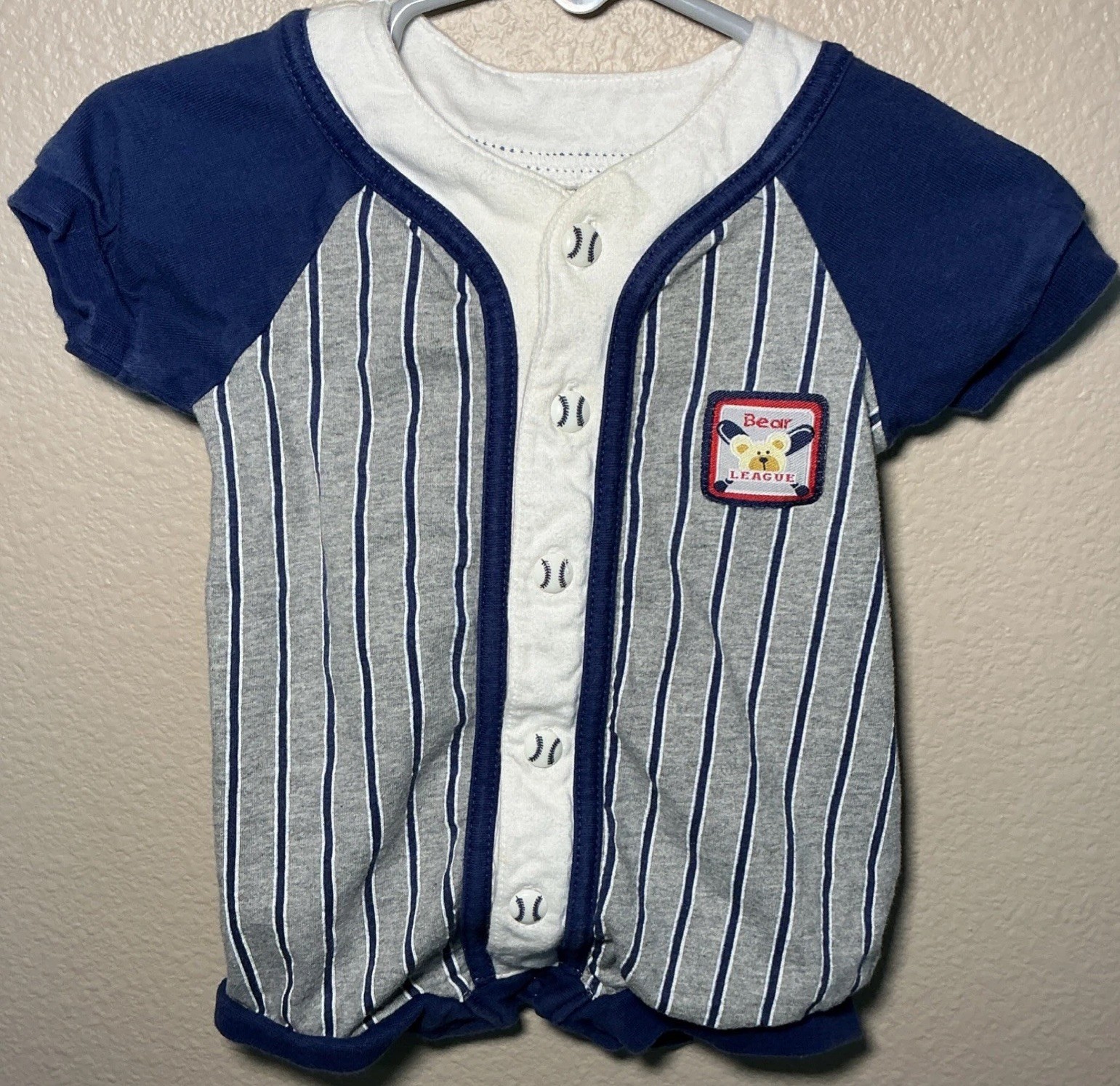 Baby Baseball Romper 0-3M Okie Dokie Pinstripe Sports Outfit Bear Patch