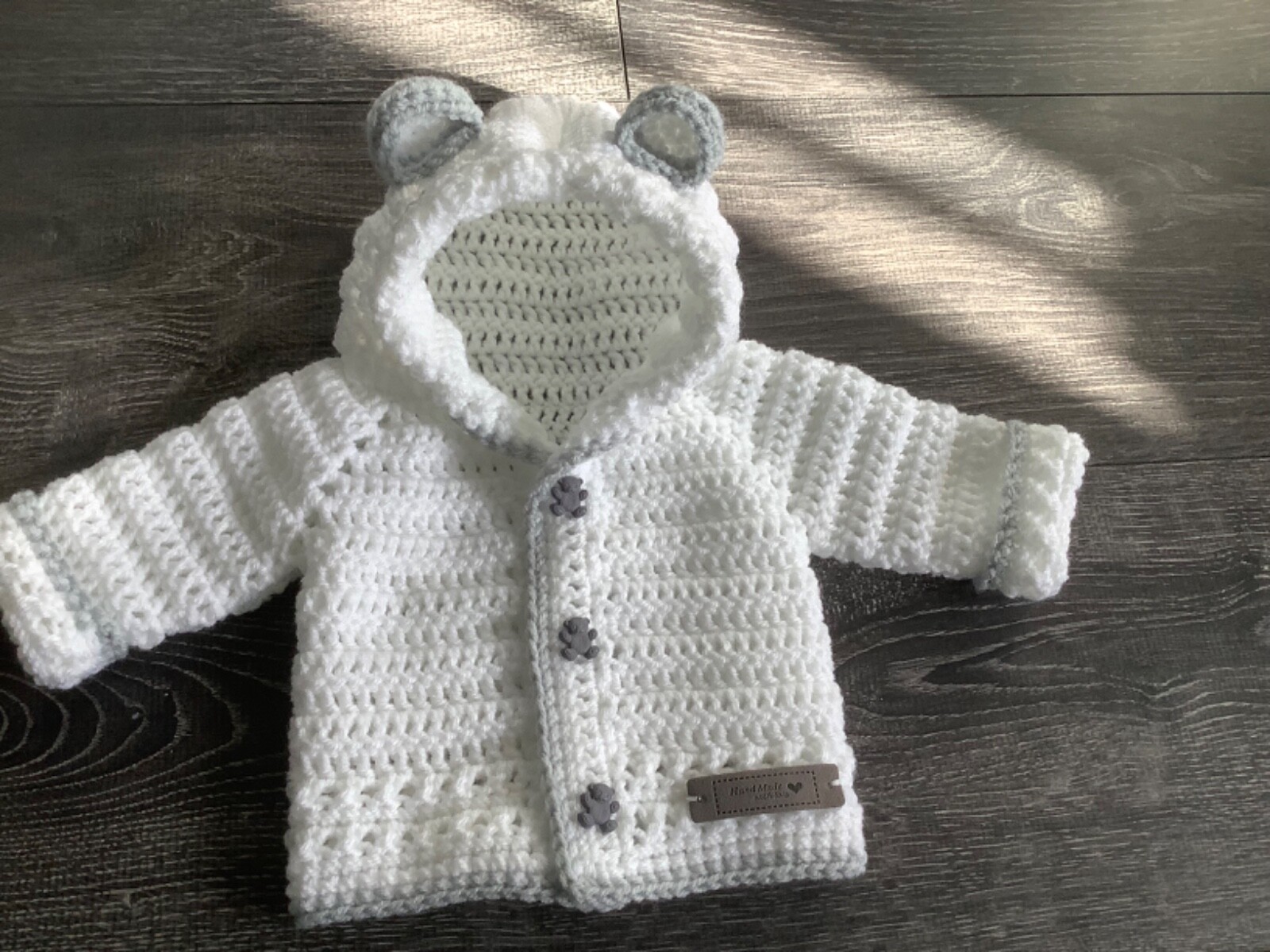 Handmade gift crochet baby  white with grey trim unisex teddy hoodie 0-3 months