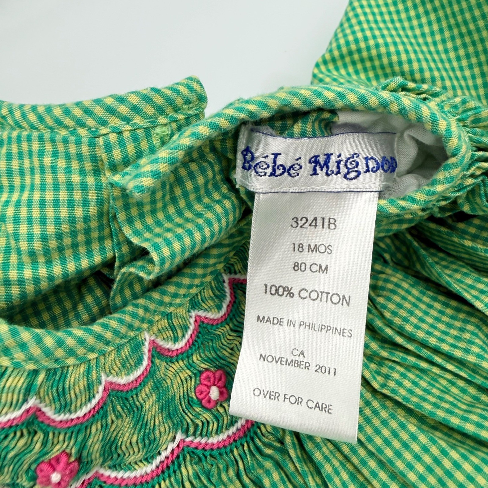 Bebe Mignon Green Gingham Smocked Dress and Bloomers Set 18M Cotton 3241B