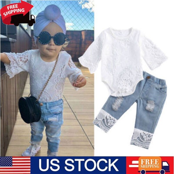 2Pcs Newborn Infant Baby Girl Clothes Outfit Lace Romper + Blue Denim Pants Set