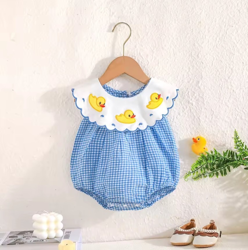 NEW Baby Girls Embroidered Duck Blue Gingham Romper Jumpsuit Easter
