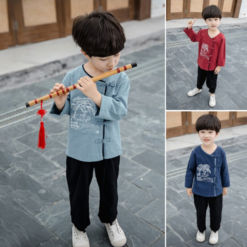 2Pcs Chinese Traditional Kids Boys Tang Suit Clothes Hanfu Cotton Retro Casual