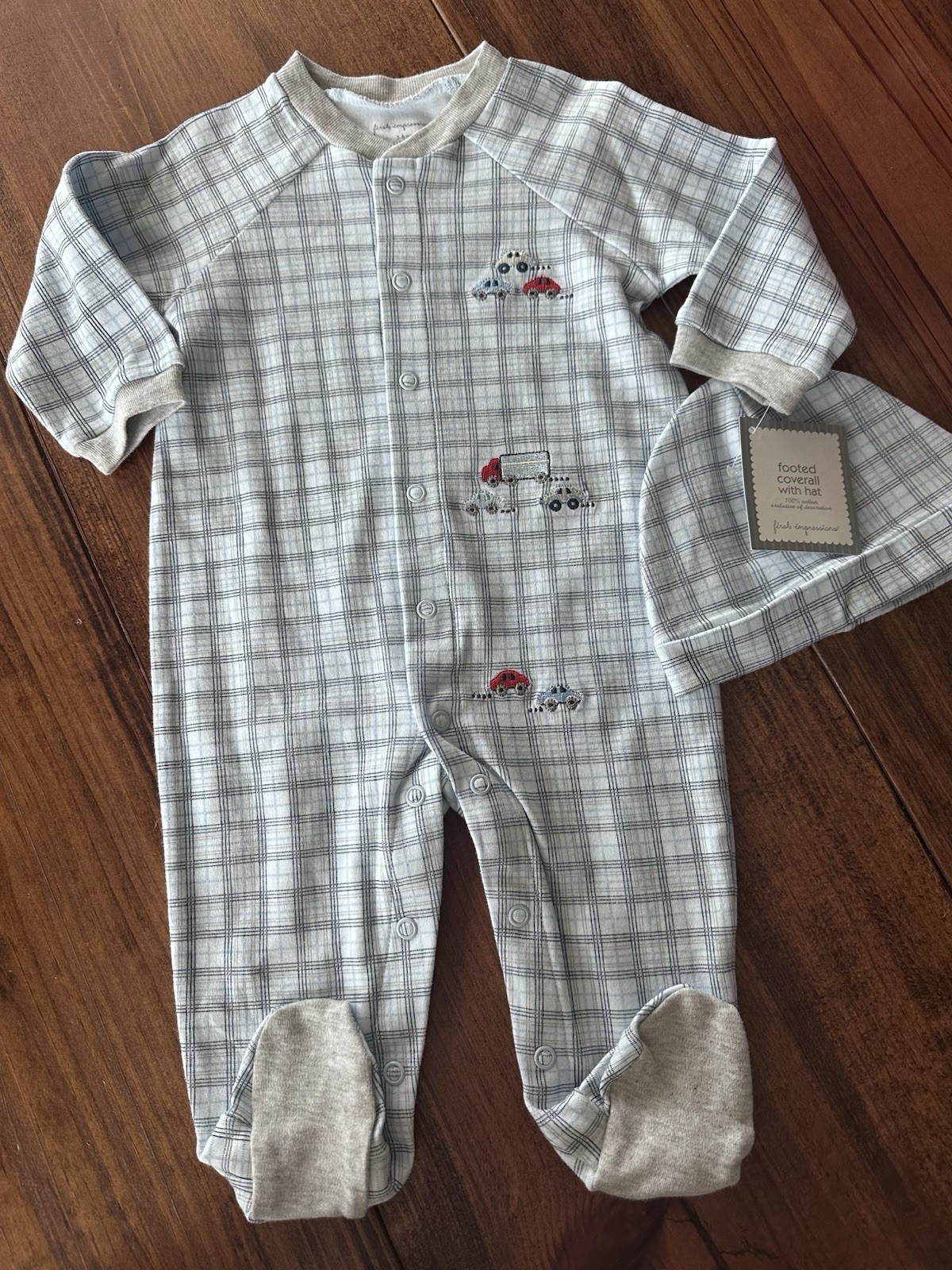 First Impressions Baby Boy Sz 3-6 Mo Footed Coverall With Hat Cars & Truck NWT