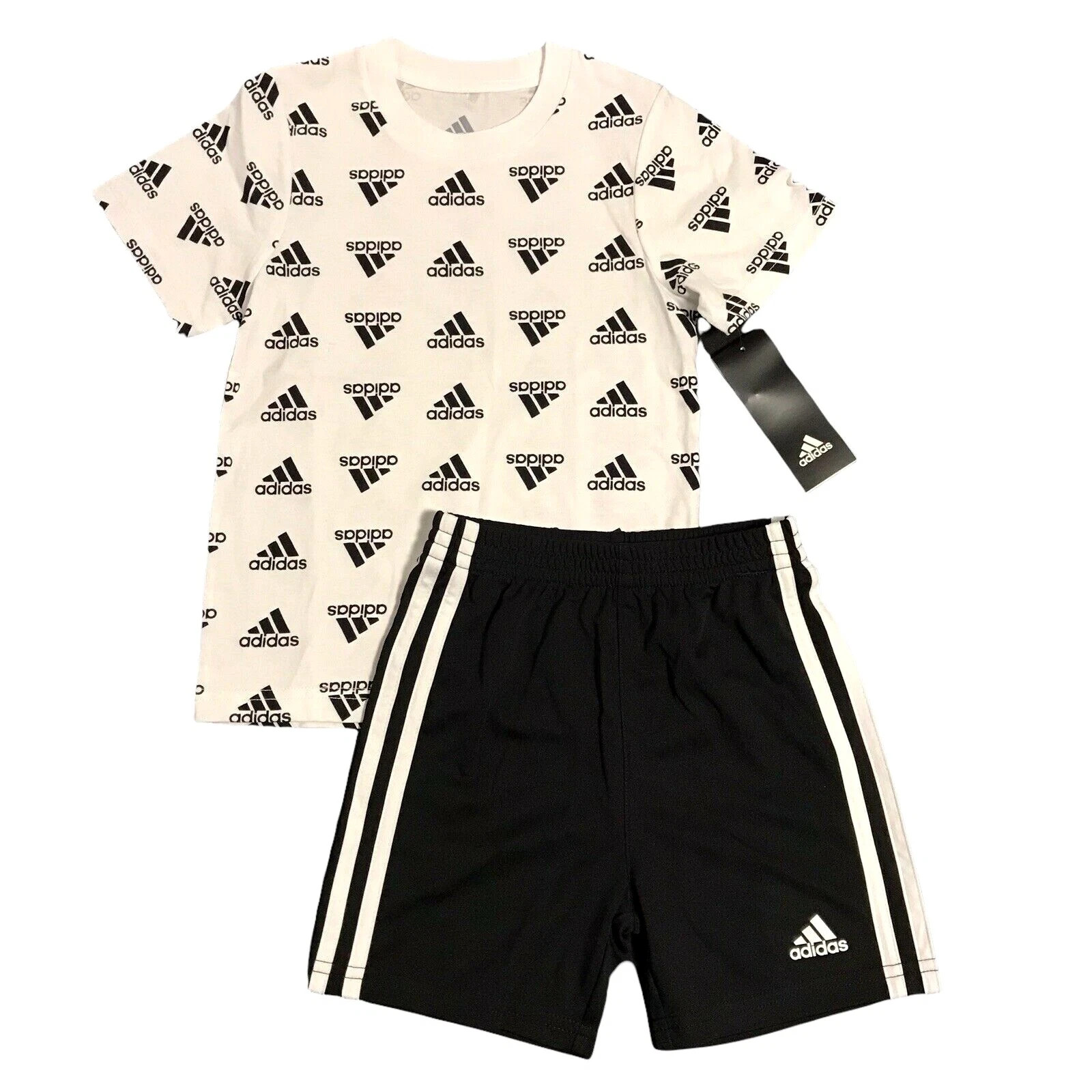 adidas Baby Boys 2pc T-Shirt & Shorts Outfit Set Size 12M Black-White Crew Neck