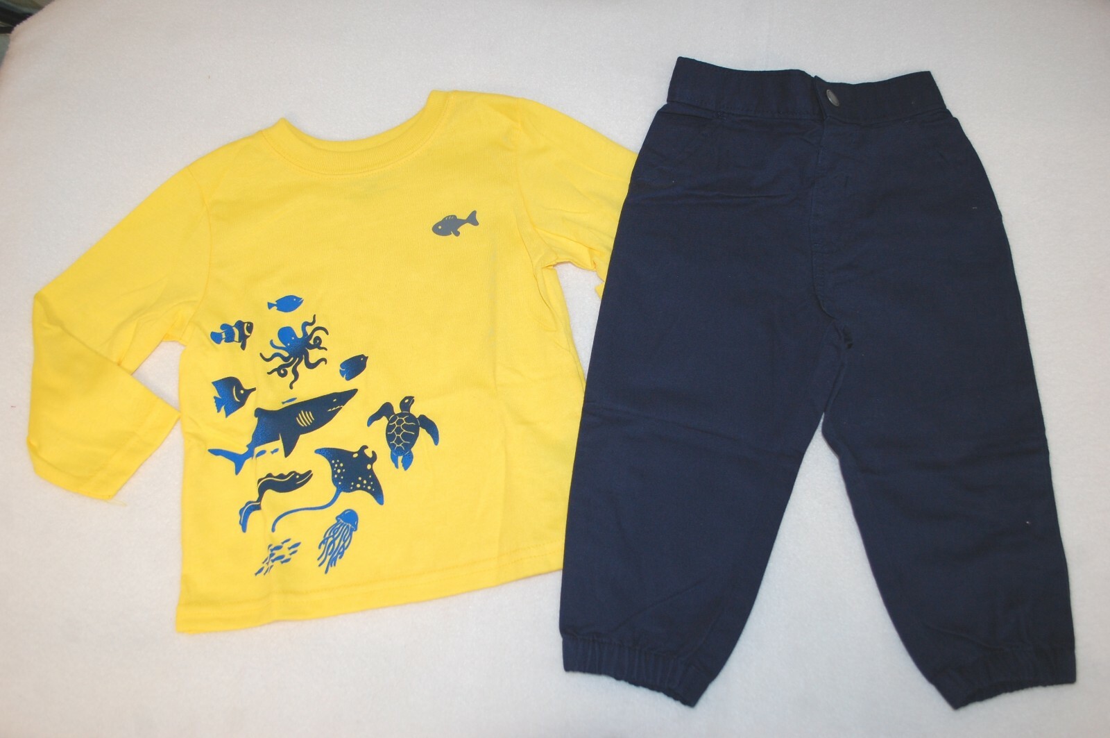 Baby Boys YELLOW L/S T-SHIRT Turtle Stingray Shark NAVY BLUE PANTS Woven 18 MO