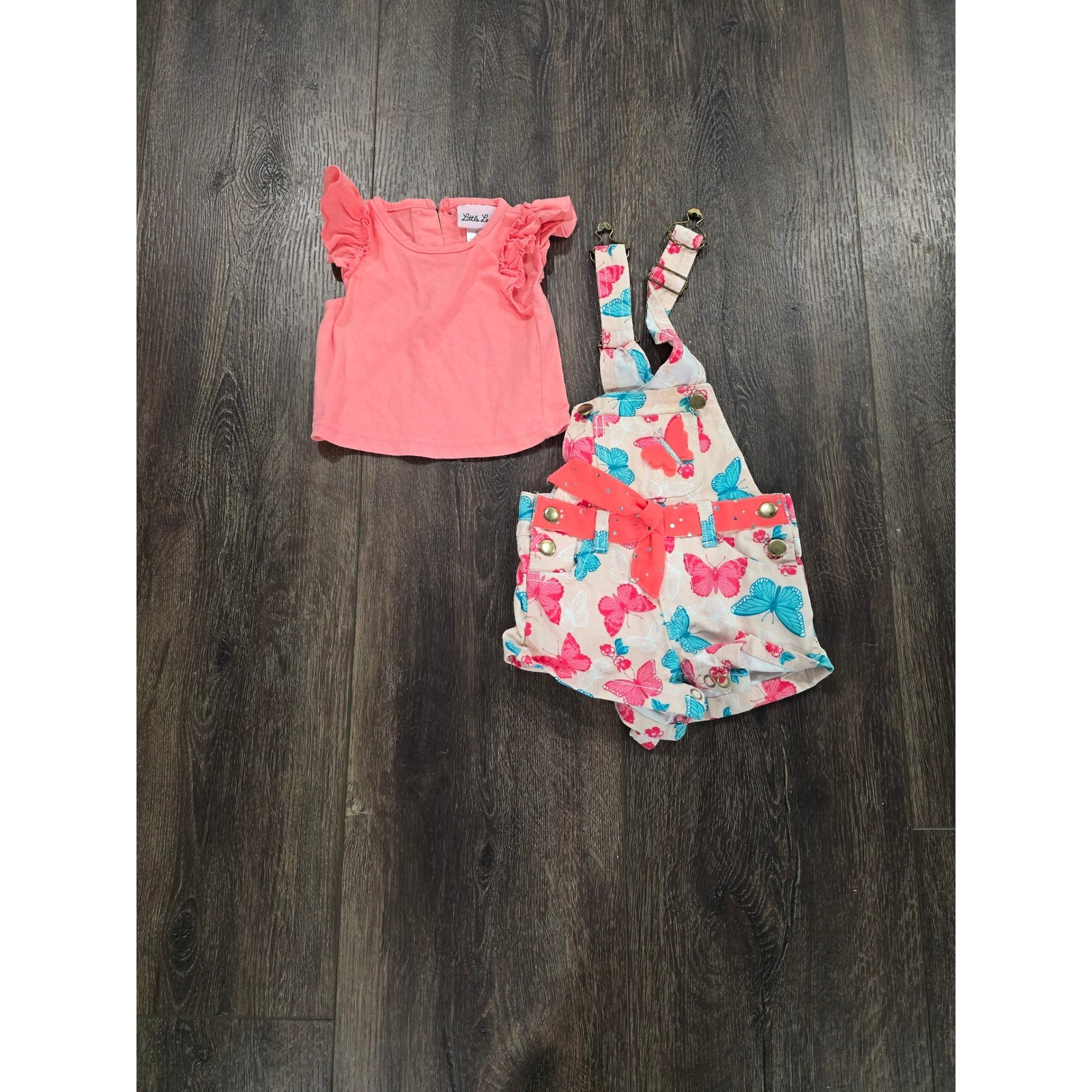 Little Lass Baby Girls Coral Pink Ruffle Top and Butterfly Shortall Set 3-6M