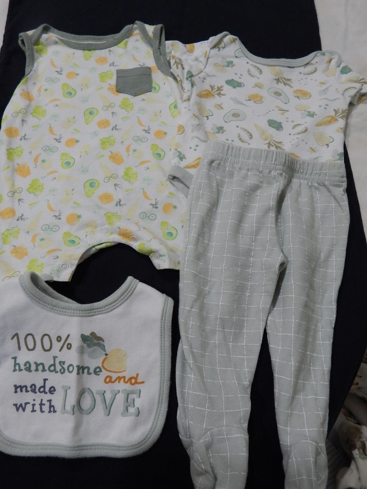 4 Piece Baby Boy Rompers Pants Bib sets All AVOCADO Theme Fruit Veggies 6-9 mont