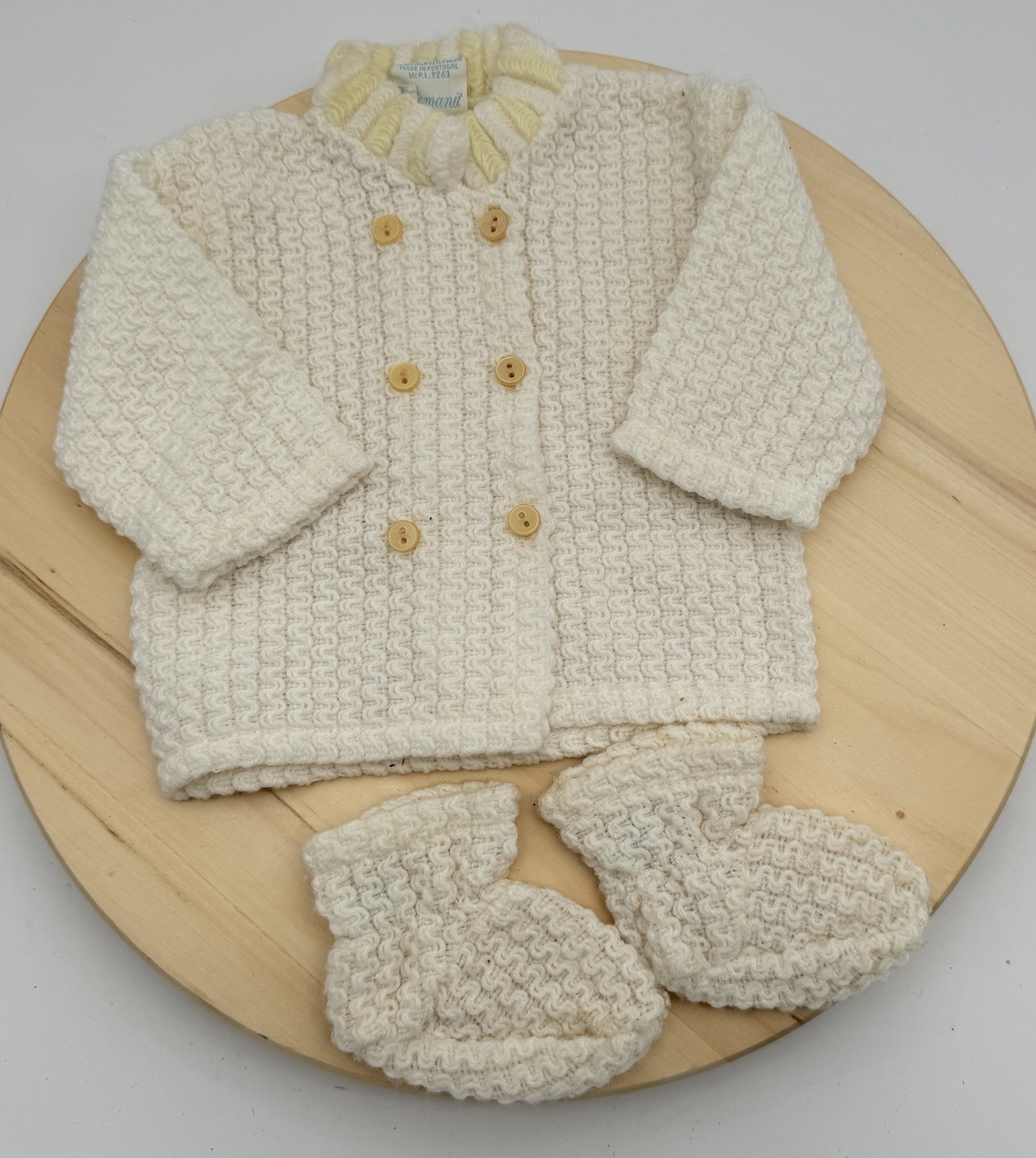 VTG Friemanit Baby Sweater Booties Set Cream Knitted Portugal Newborn Unisex