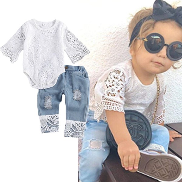 2Pcs Newborn Infant Baby Girl Clothes Outfit Lace Romper + Blue Denim Pants Set